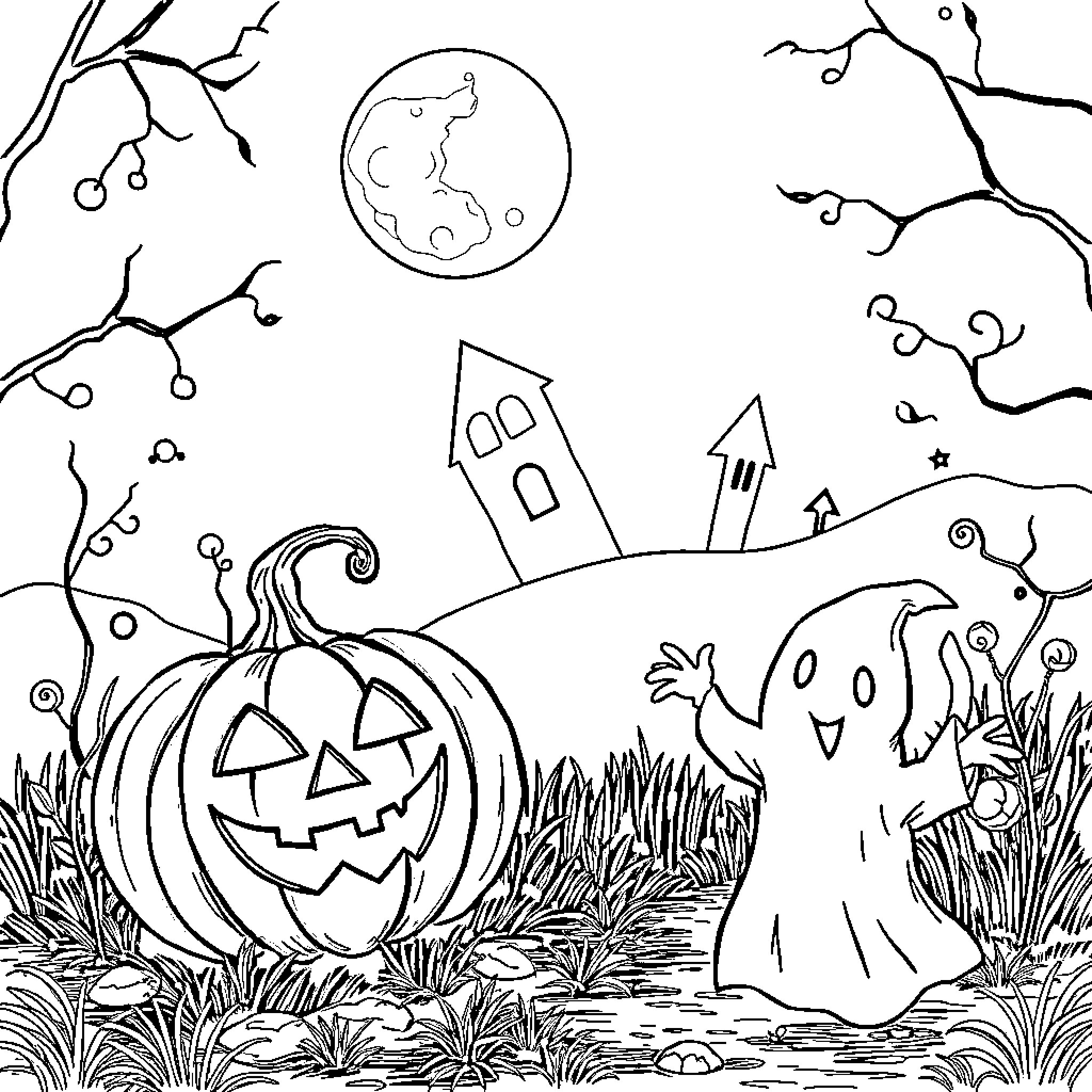 Jack-o'-lantern in a haunting Halloween night scene Coloring Page (free black-and-white line drawing printable PDF for all, from beginners to advanced learners, including children, teens, adults, and seniors)