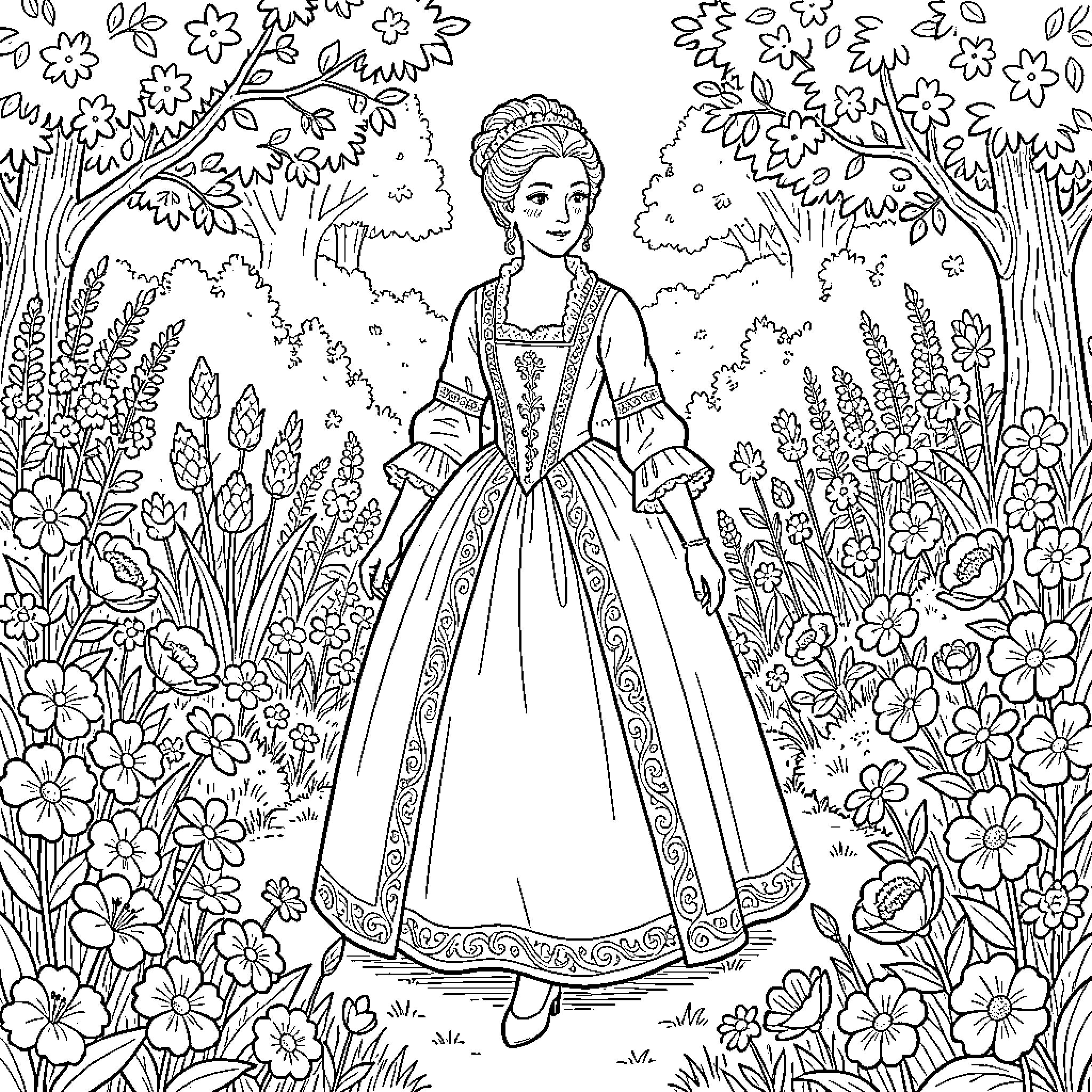 Lady in Elegant Floral Garden Coloring Page (free black-and-white line drawing printable PDF for all, from beginners to advanced learners, including children, teens, adults, and seniors)