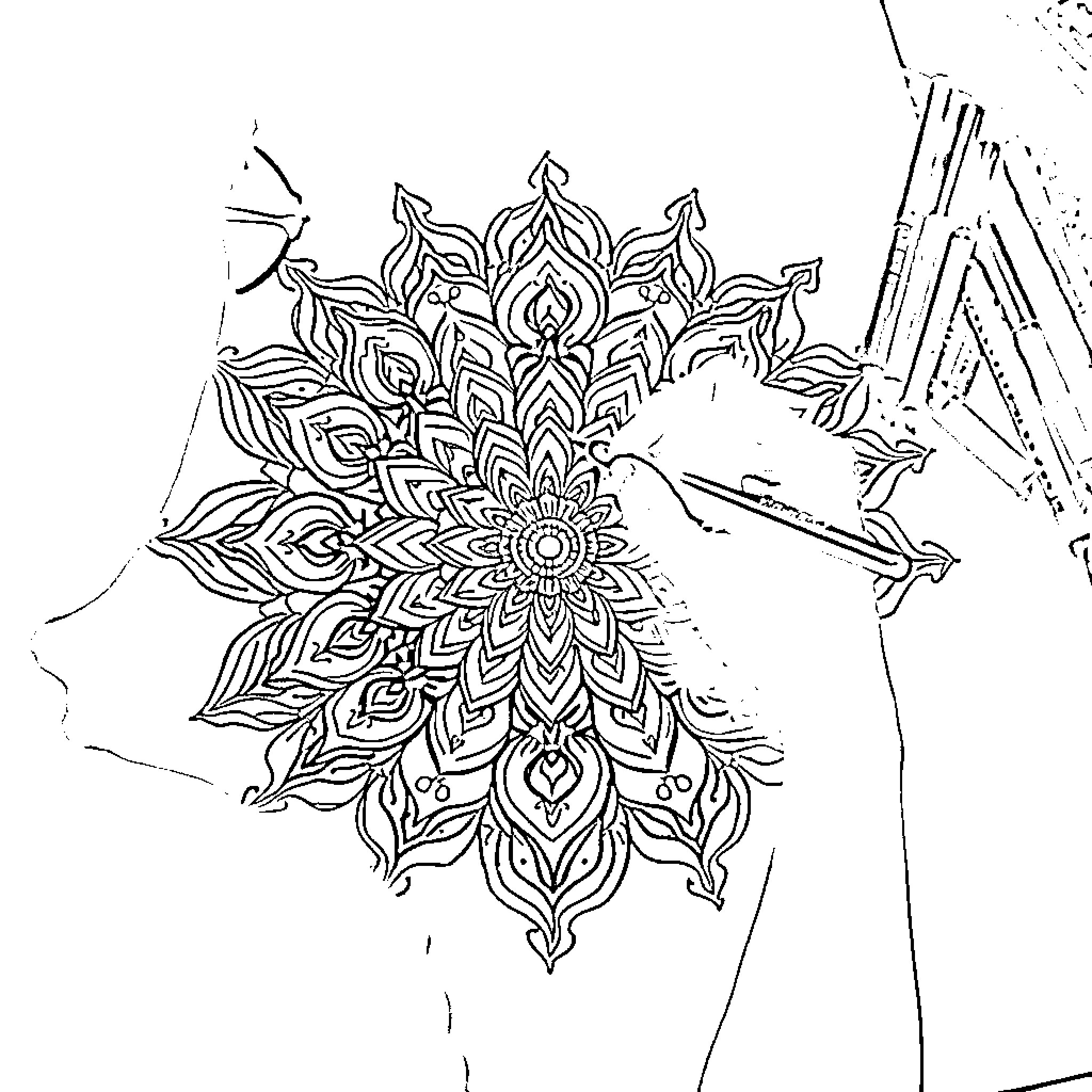 Mandala of intricate floral patterns Coloring Page (free black-and-white line drawing printable PDF for all, from beginners to advanced learners, including children, teens, adults, and seniors)