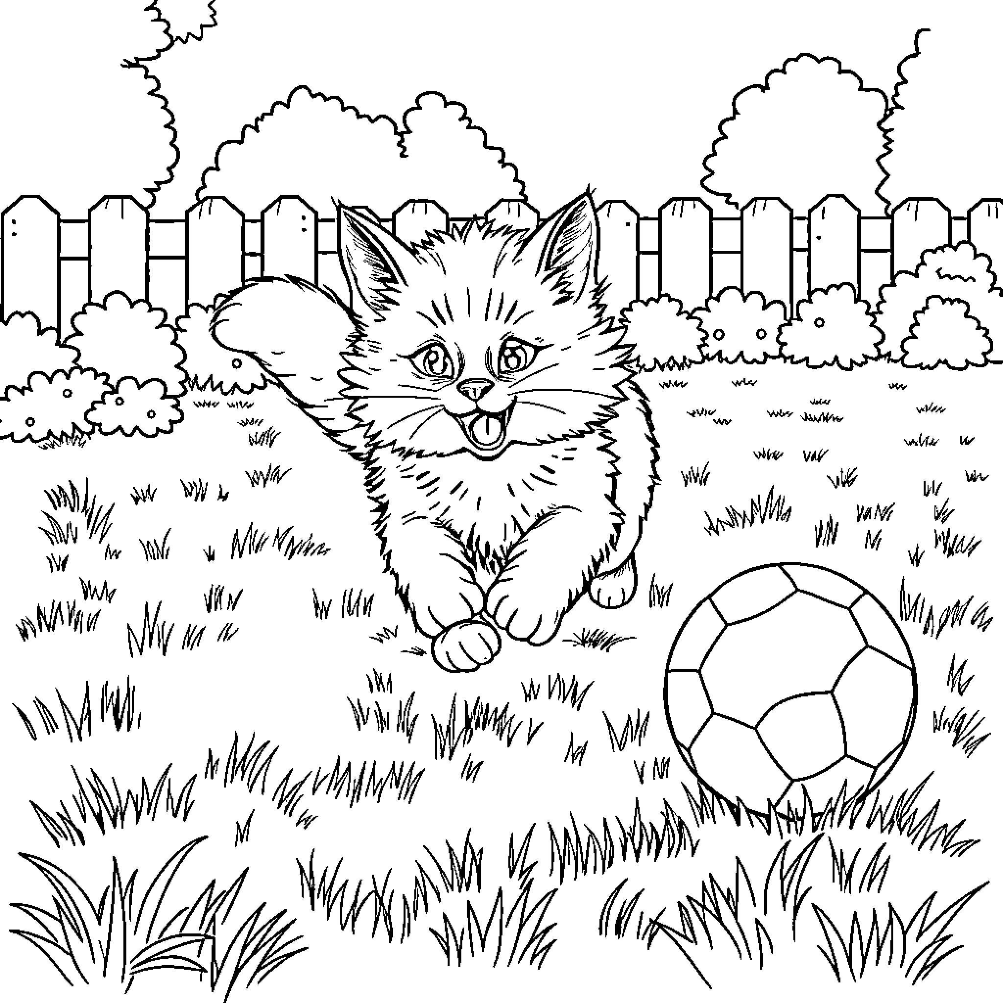 Cat playing joyfully with soccer ball in yard Coloring Page (free black-and-white line drawing printable PDF for all, from beginners to advanced learners, including children, teens, adults, and seniors)