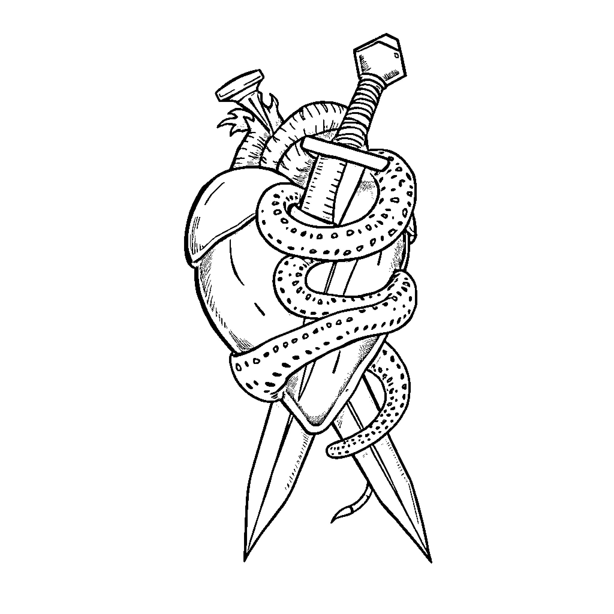 Tattoo of a dagger piercing a coiled snake Coloring Page (free black-and-white line drawing printable PDF for all, from beginners to advanced learners, including children, teens, adults, and seniors)