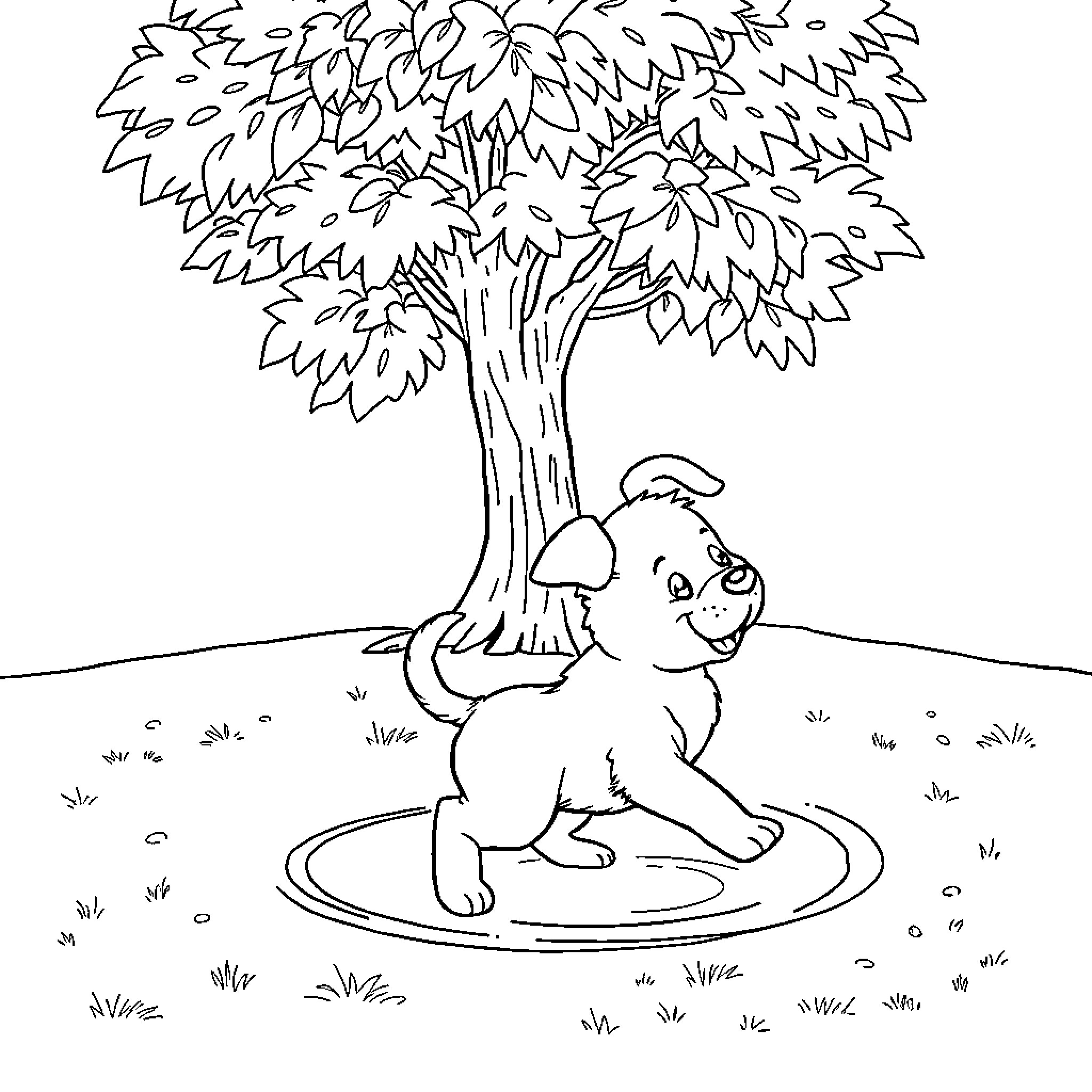Puppy relaxing under a tree Coloring Page (free black-and-white line drawing printable PDF for all, from beginners to advanced learners, including children, teens, adults, and seniors)