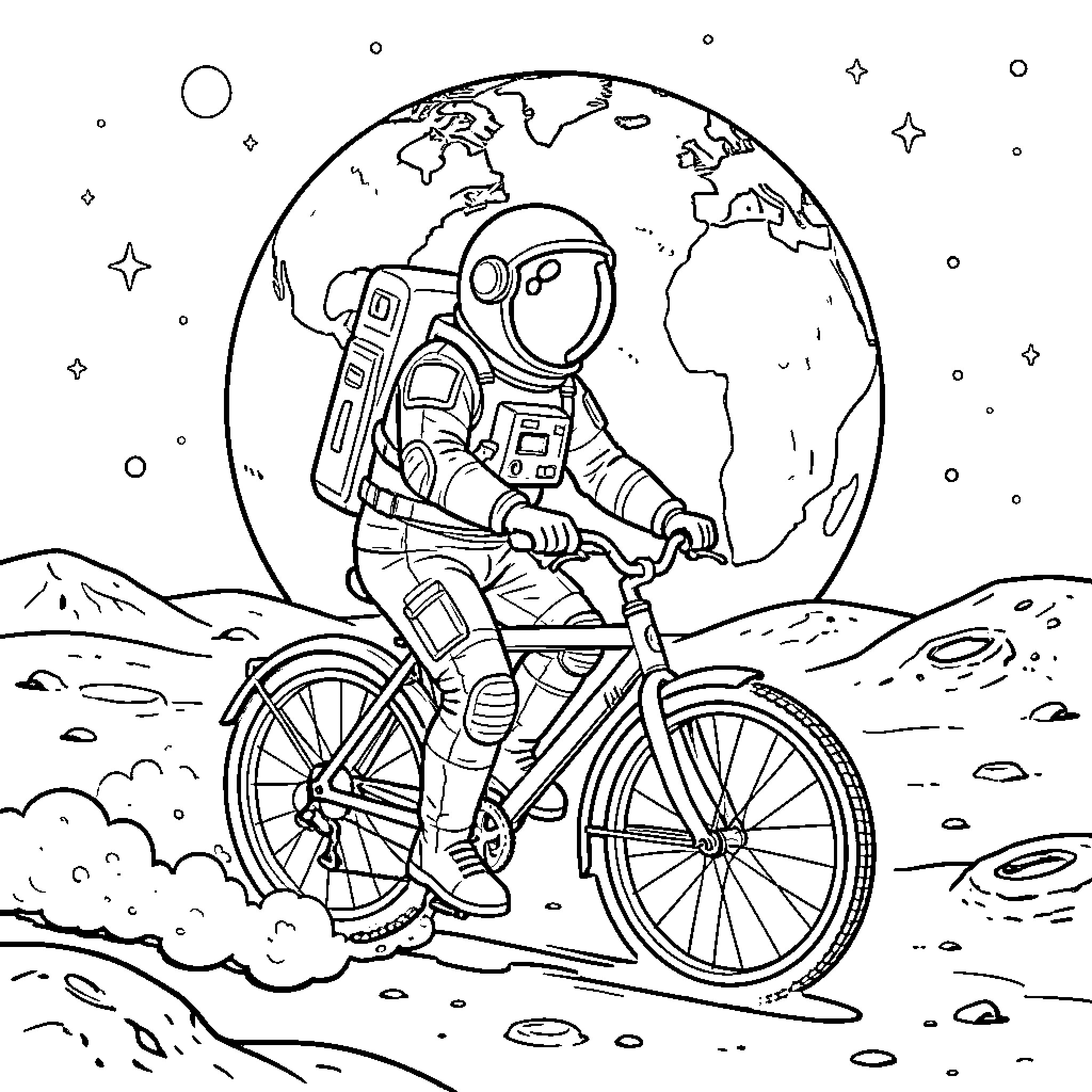 Astronaut riding bicycle on alien planet Coloring Page (free black-and-white line drawing printable PDF for all, from beginners to advanced learners, including children, teens, adults, and seniors)