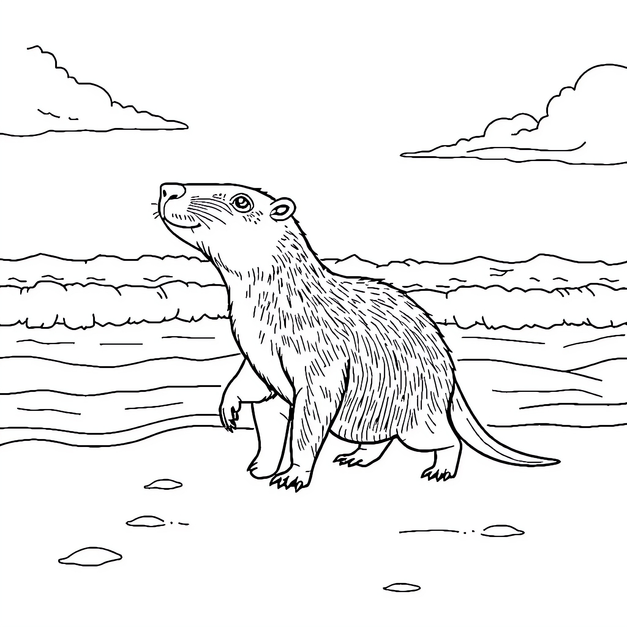 Capybara relaxing by the ocean Coloring Page (free black-and-white line drawing printable PDF for all, from beginners to advanced learners, including children, teens, adults, and seniors)