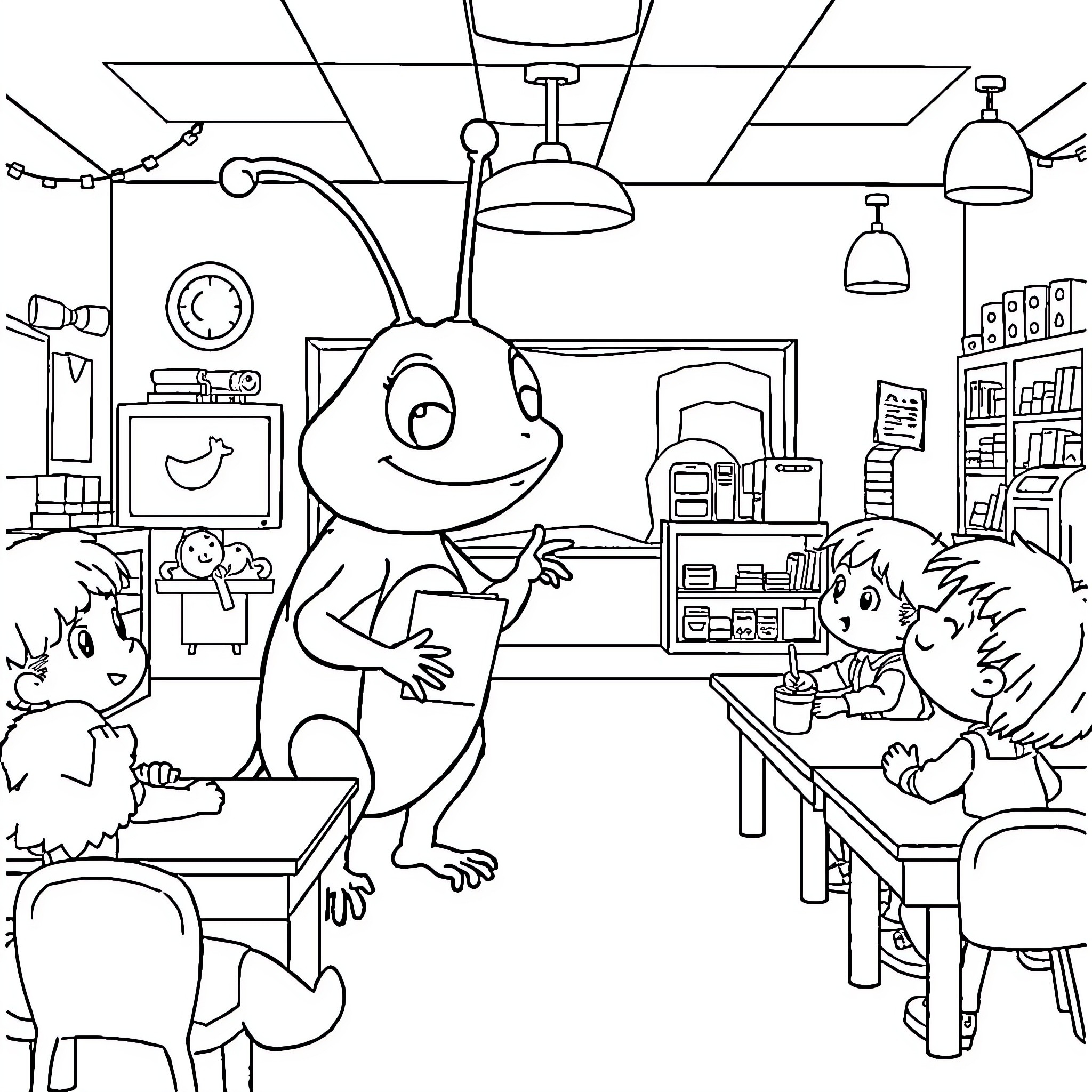 Frog exploring a cozy classroom scene Coloring Page (free black-and-white line drawing printable PDF for all, from beginners to advanced learners, including children, teens, adults, and seniors)