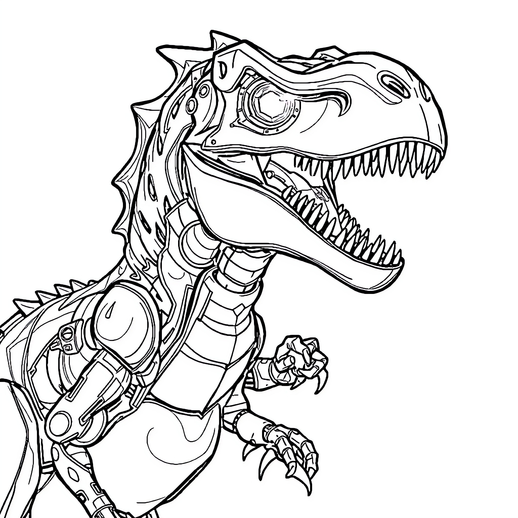 Cyborg Raptor Unleashing Fierce Robotic Prowess Coloring Page (free black-and-white line drawing printable PDF for all, from beginners to advanced learners, including children, teens, adults, and seniors)