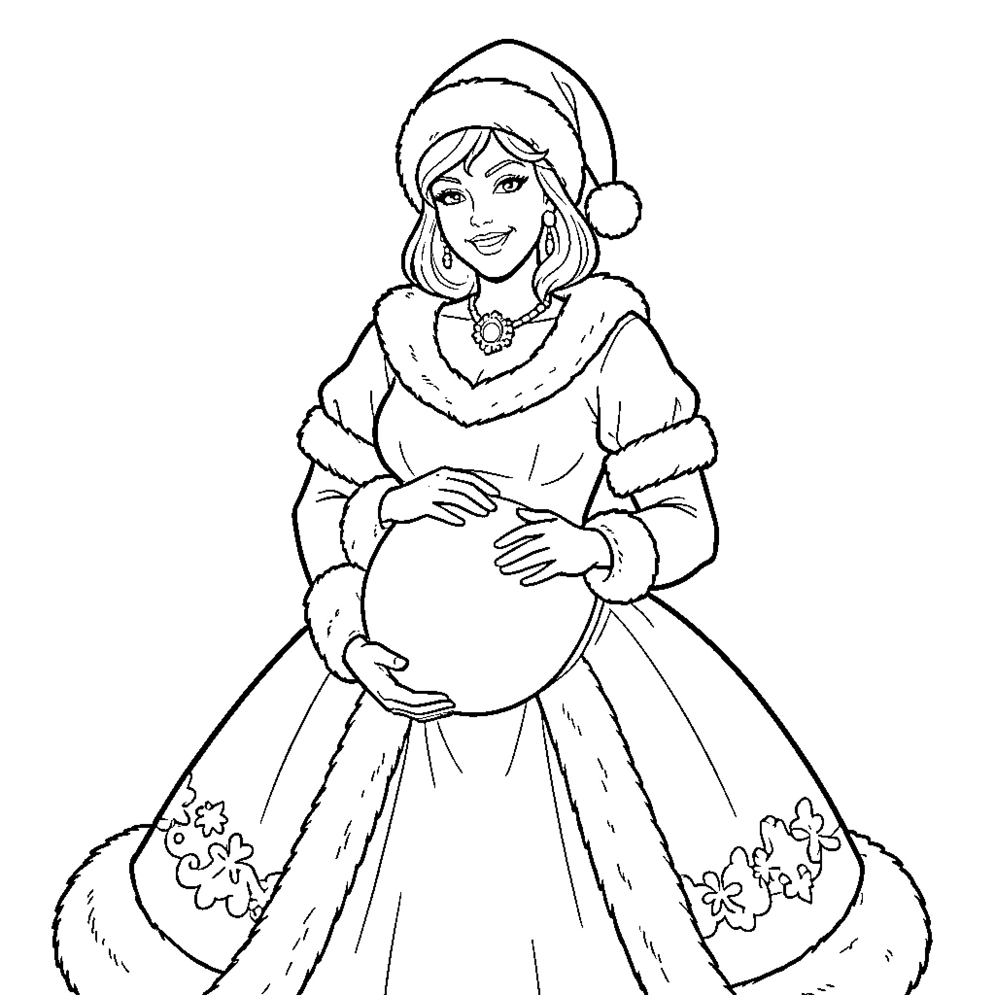 Mrs. Claus in festive attire with a warm smile Coloring Page (free black-and-white line drawing printable PDF for all, from beginners to advanced learners, including children, teens, adults, and seniors)
