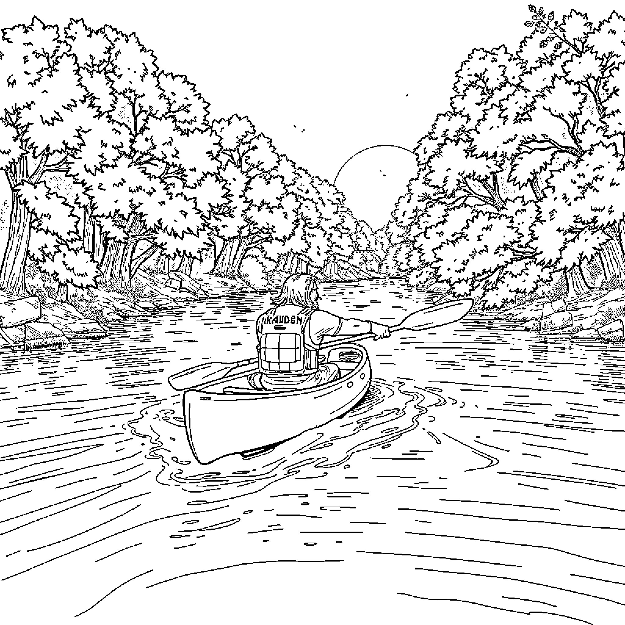 Eddie's Peaceful Canoe Ride Through the Serene Forest Coloring Page (free black-and-white line drawing printable PDF for all, from beginners to advanced learners, including children, teens, adults, and seniors)