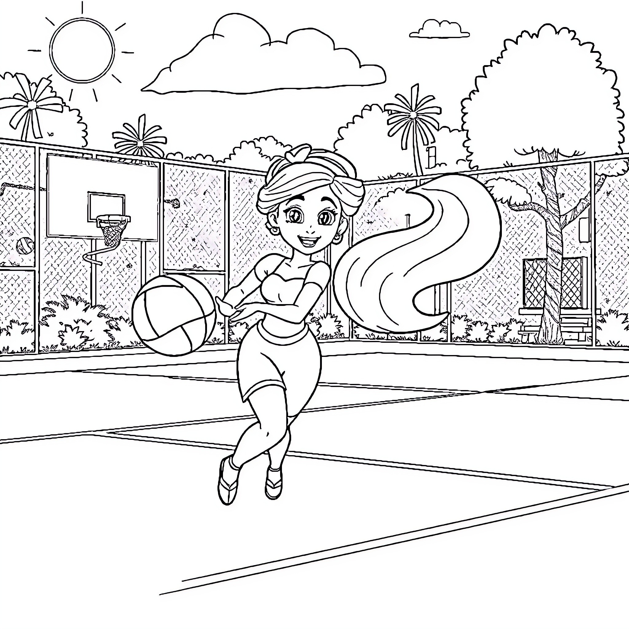 Jasmine playing basketball on a sunny day Coloring Page (free black-and-white line drawing printable PDF for all, from beginners to advanced learners, including children, teens, adults, and seniors)