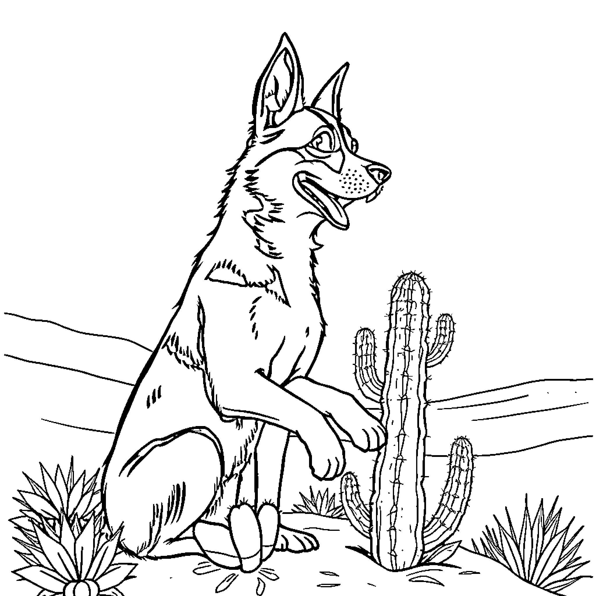 Perro sitting alert in desert landscape Coloring Page (free black-and-white line drawing printable PDF for all, from beginners to advanced learners, including children, teens, adults, and seniors)
