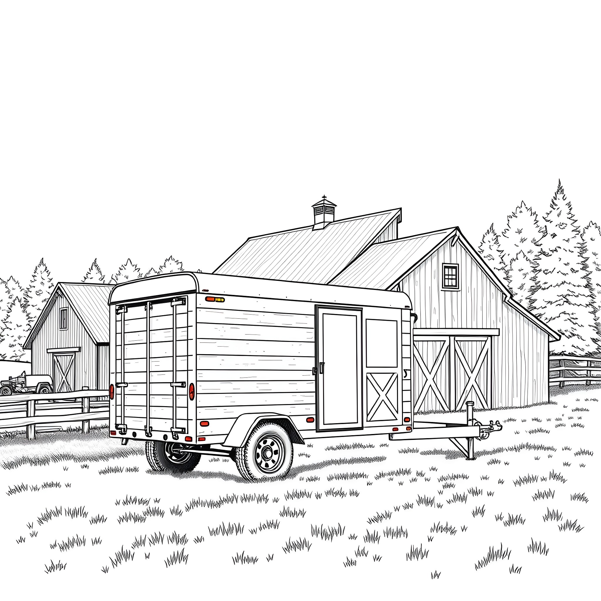 Gooseneck Trailer parked near rural barn and pine trees Coloring Page (free black-and-white line drawing printable PDF for all, from beginners to advanced learners, including children, teens, adults, and seniors)