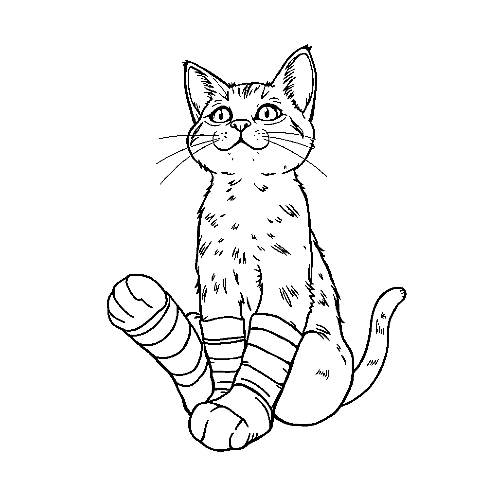 Cat in playful pose with striped tail Coloring Page (free black-and-white line drawing printable PDF for all, from beginners to advanced learners, including children, teens, adults, and seniors)