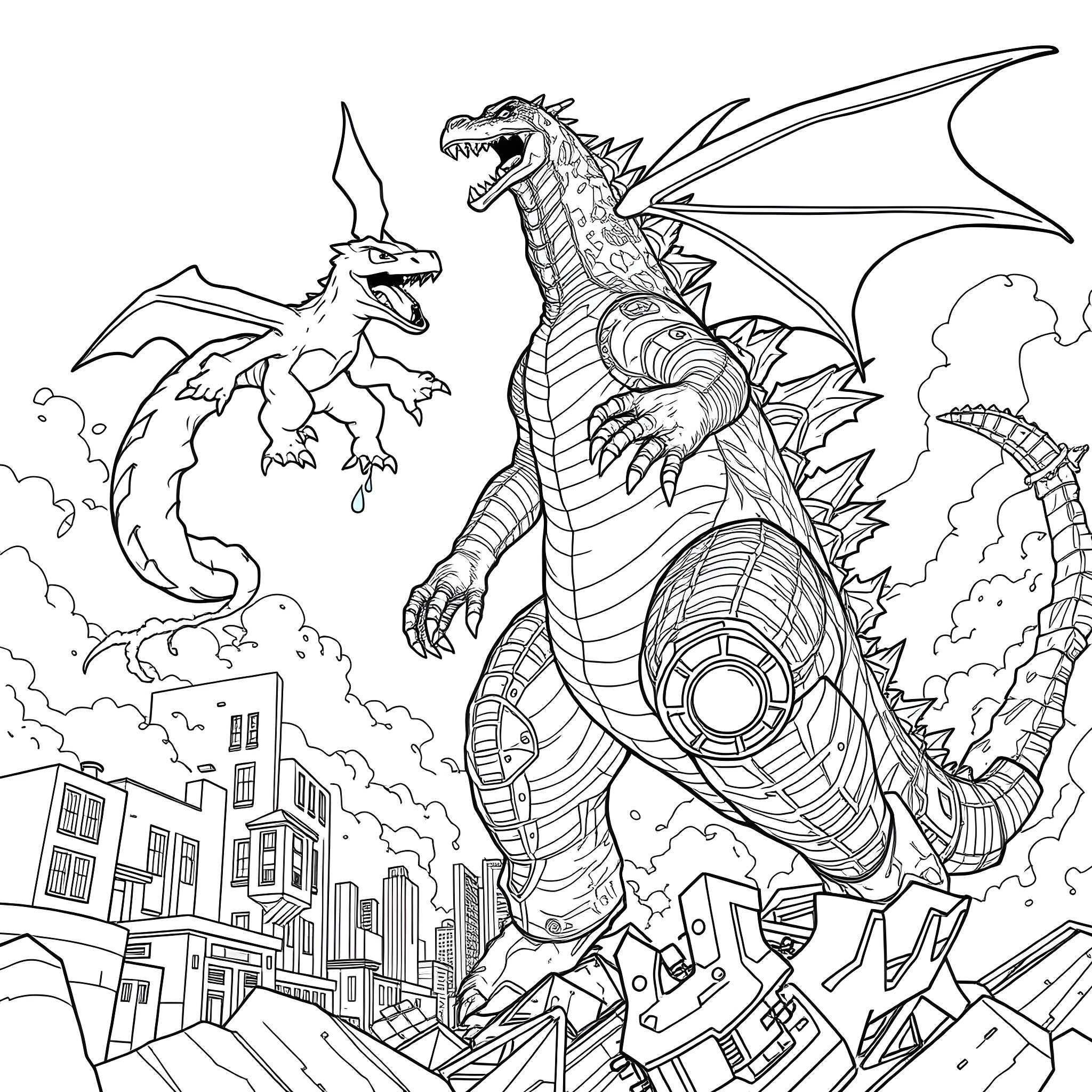 Charizard Battling Fierce Mechanical Dragon in Cityscape Coloring Page (free black-and-white line drawing printable PDF for all, from beginners to advanced learners, including children, teens, adults, and seniors)