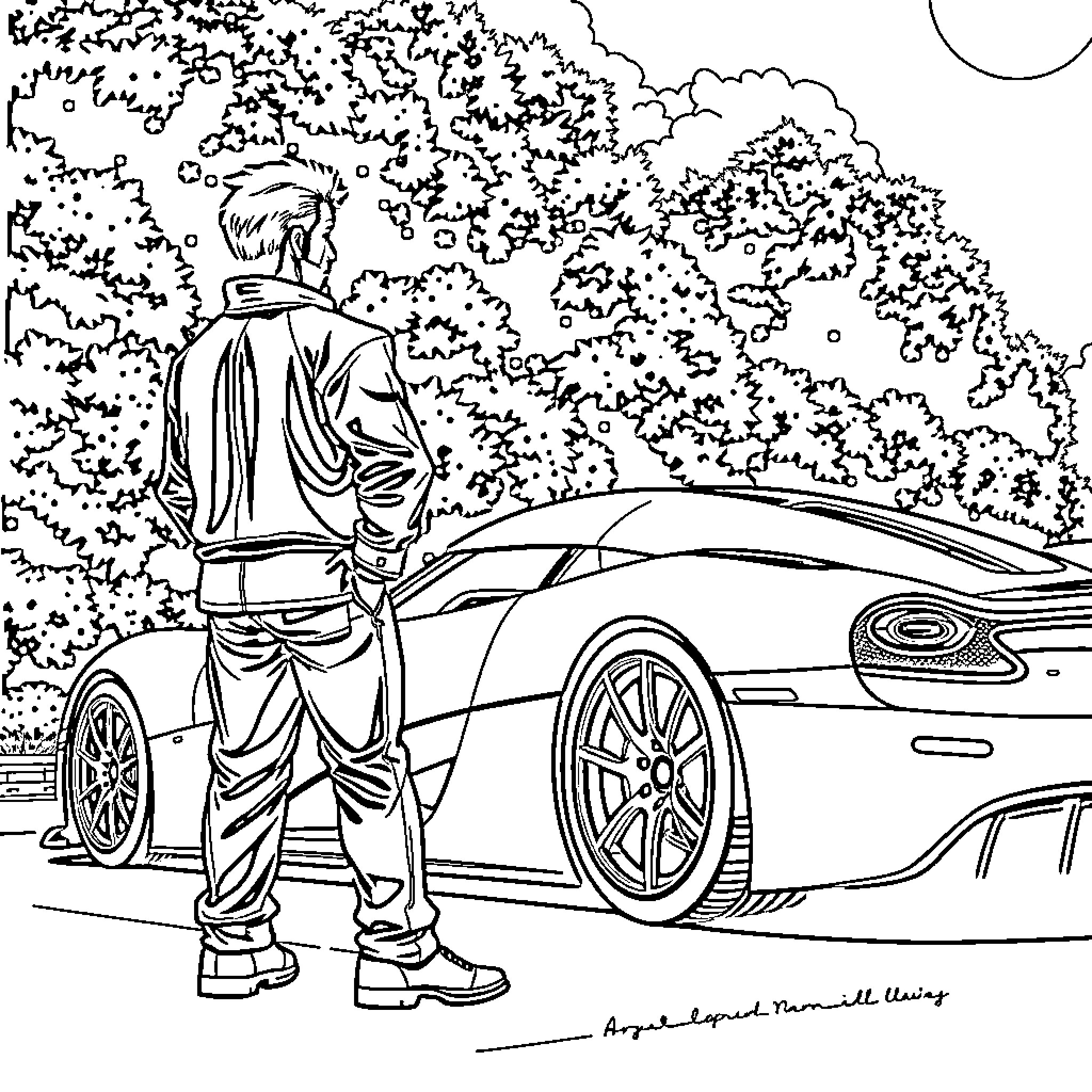 Gojo standing near a sports car in a scenic setting Coloring Page (free black-and-white line drawing printable PDF for all, from beginners to advanced learners, including children, teens, adults, and seniors)