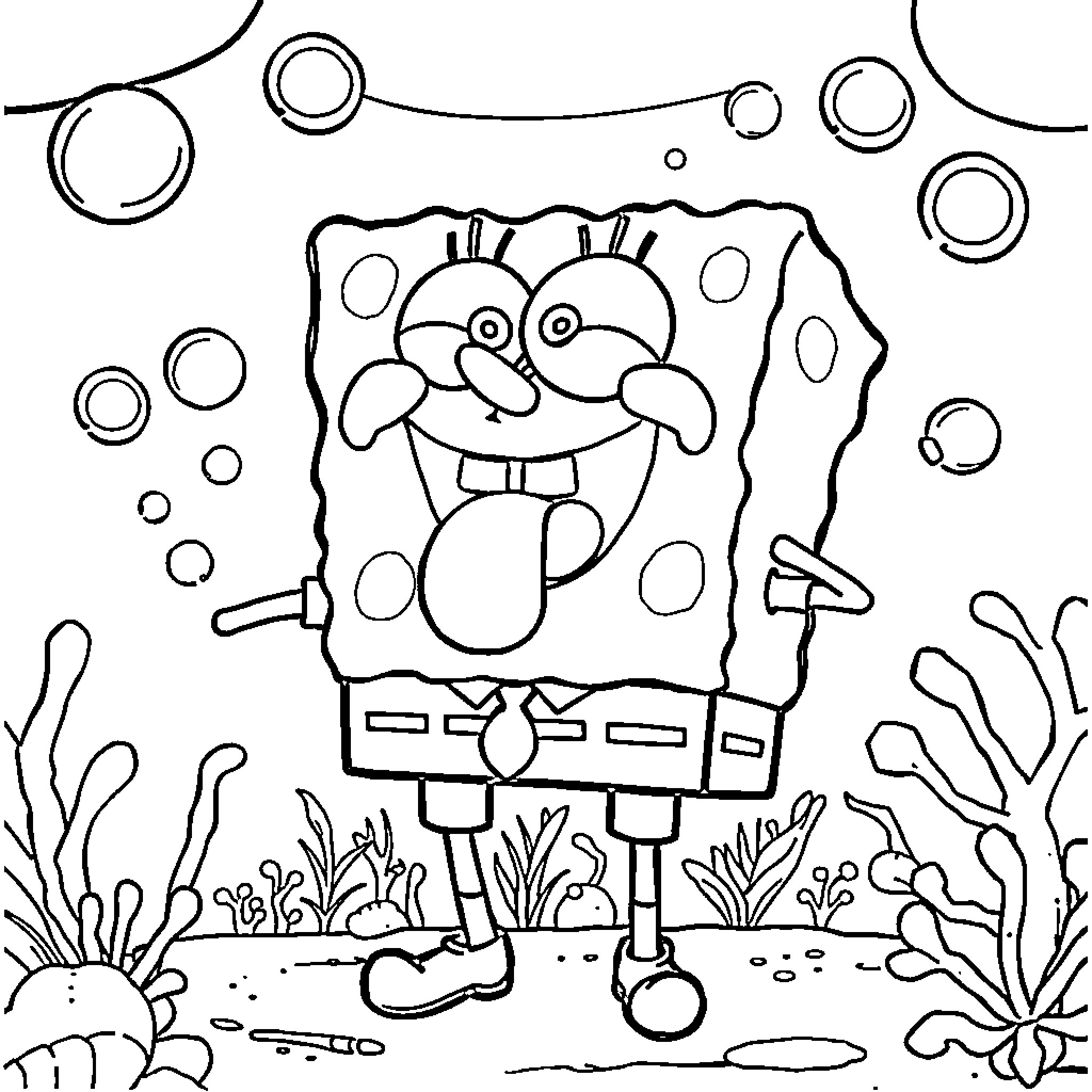 Spongebob in a whimsical underwater scene Coloring Page (free black-and-white line drawing printable PDF for all, from beginners to advanced learners, including children, teens, adults, and seniors)