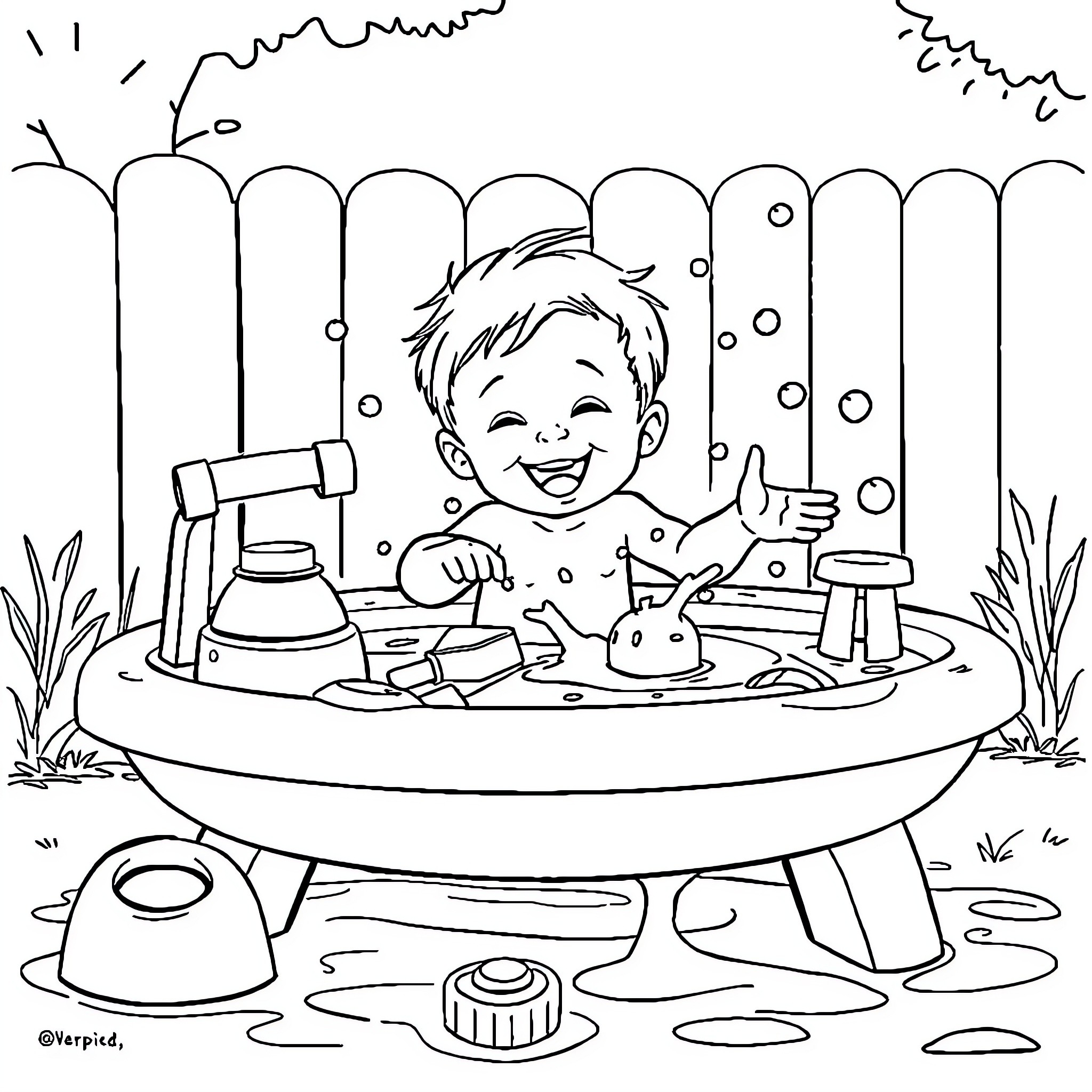 Boy joyfully playing in a bathtub with toys Coloring Page (free black-and-white line drawing printable PDF for all, from beginners to advanced learners, including children, teens, adults, and seniors)