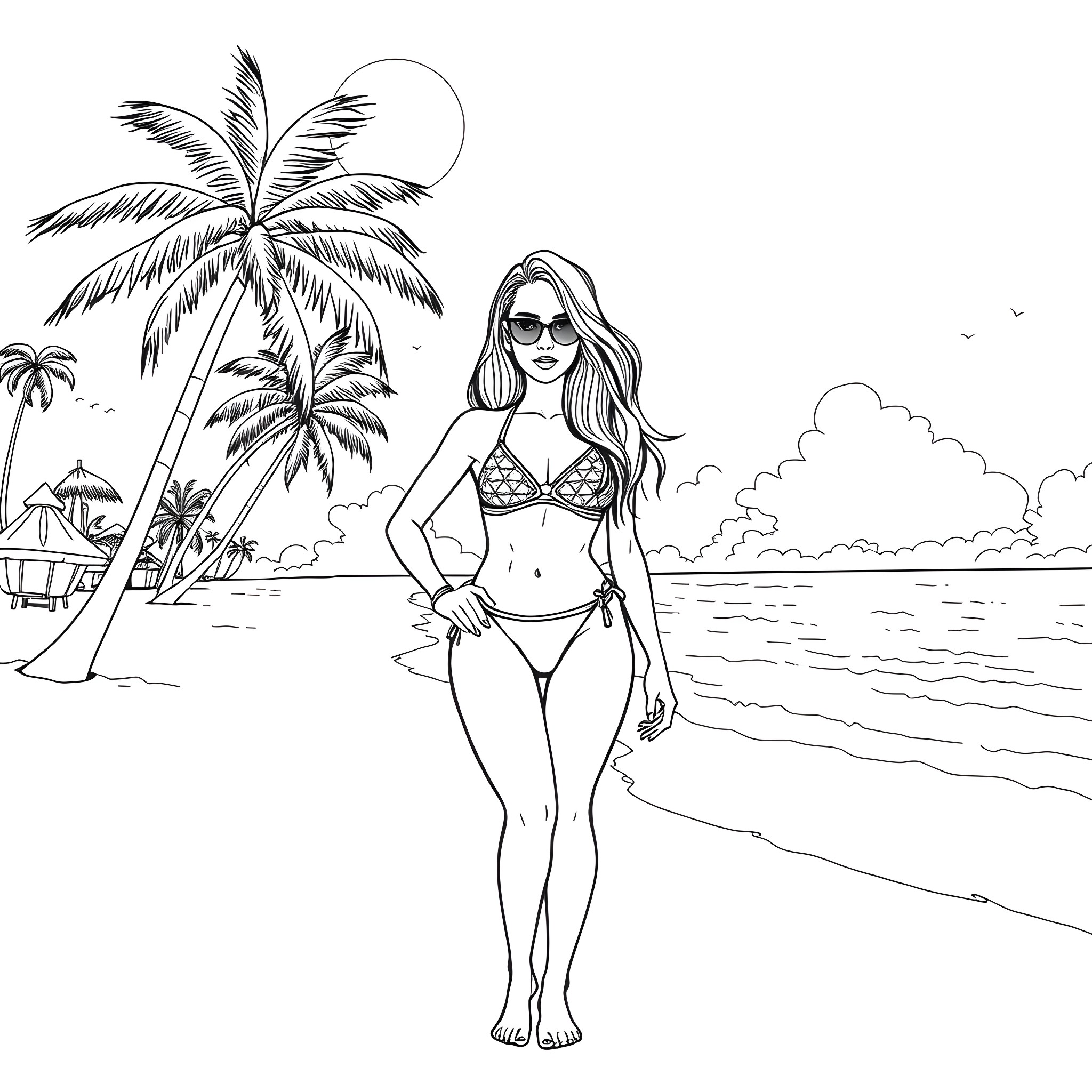 Madison Beer posing in a bikini on a tropical beach Coloring Page (free black-and-white line drawing printable PDF for all, from beginners to advanced learners, including children, teens, adults, and seniors)