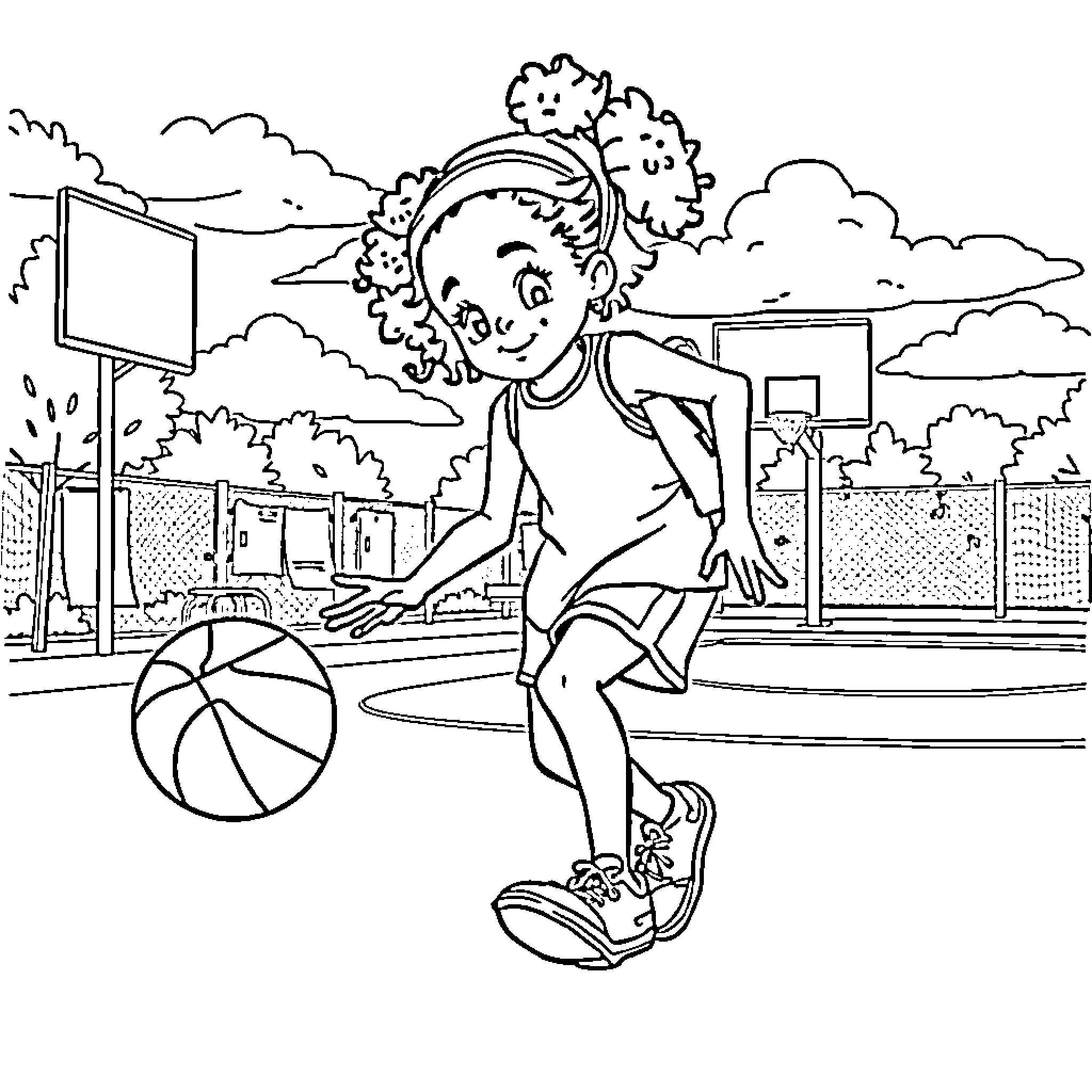 Girl playing with basketball on court Coloring Page (free black-and-white line drawing printable PDF for all, from beginners to advanced learners, including children, teens, adults, and seniors)