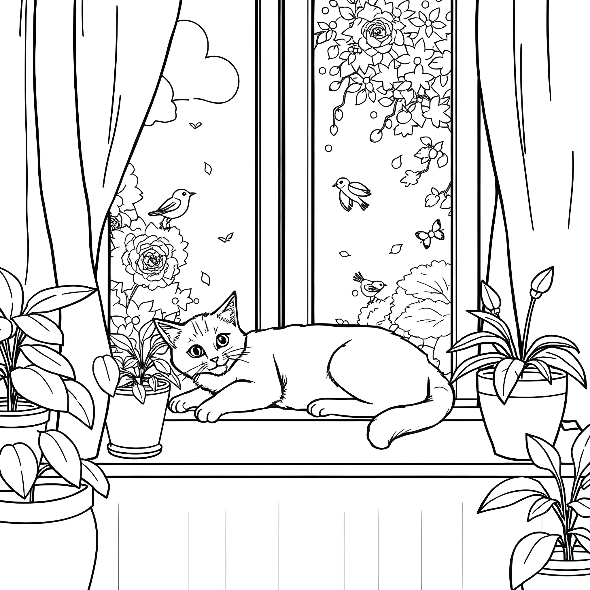 Cat relaxing on windowsill amidst flowers Coloring Page (free black-and-white line drawing printable PDF for all, from beginners to advanced learners, including children, teens, adults, and seniors)