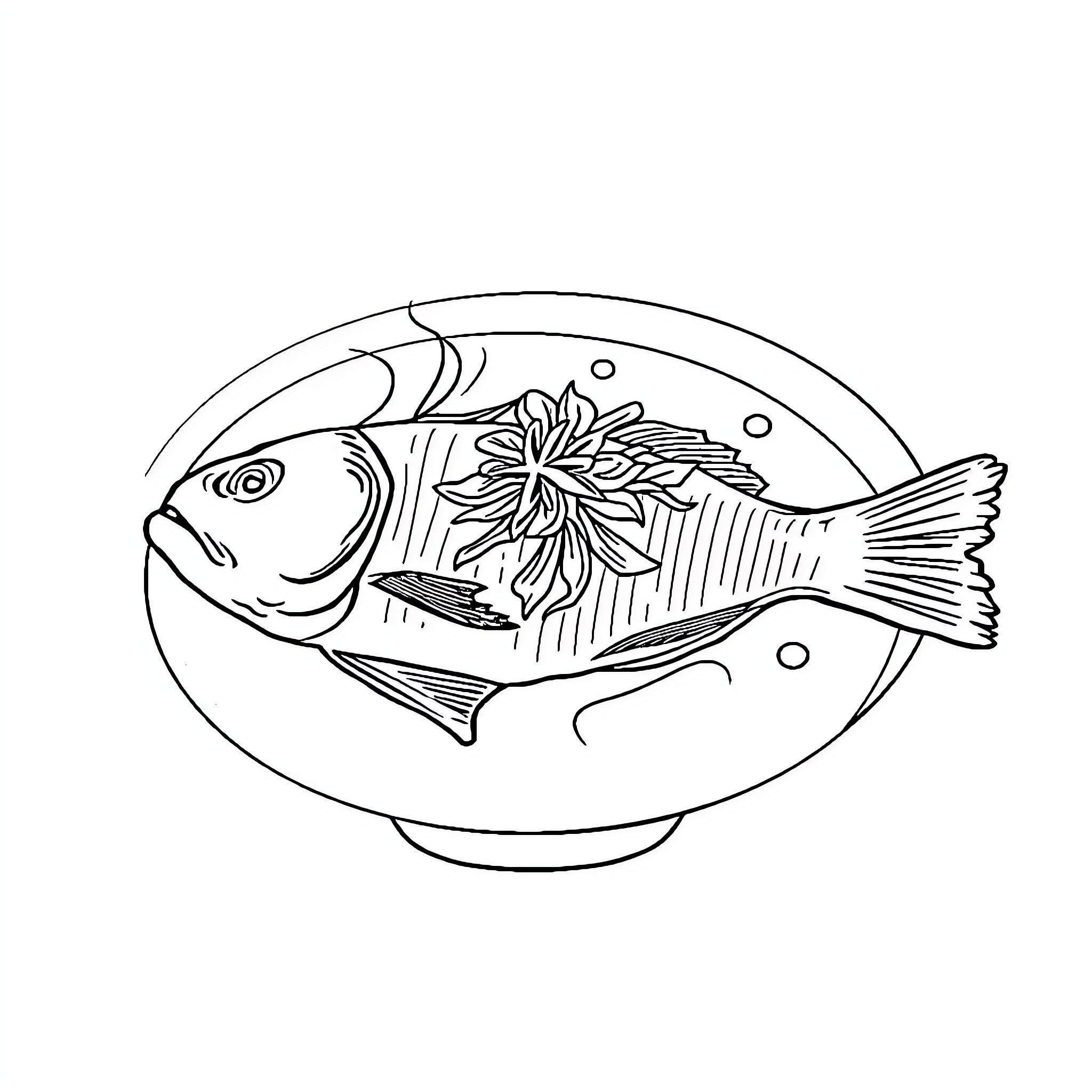 Blanch's Fish Dish with Floral Garnish Coloring Page (free black-and-white line drawing printable PDF for all, from beginners to advanced learners, including children, teens, adults, and seniors)