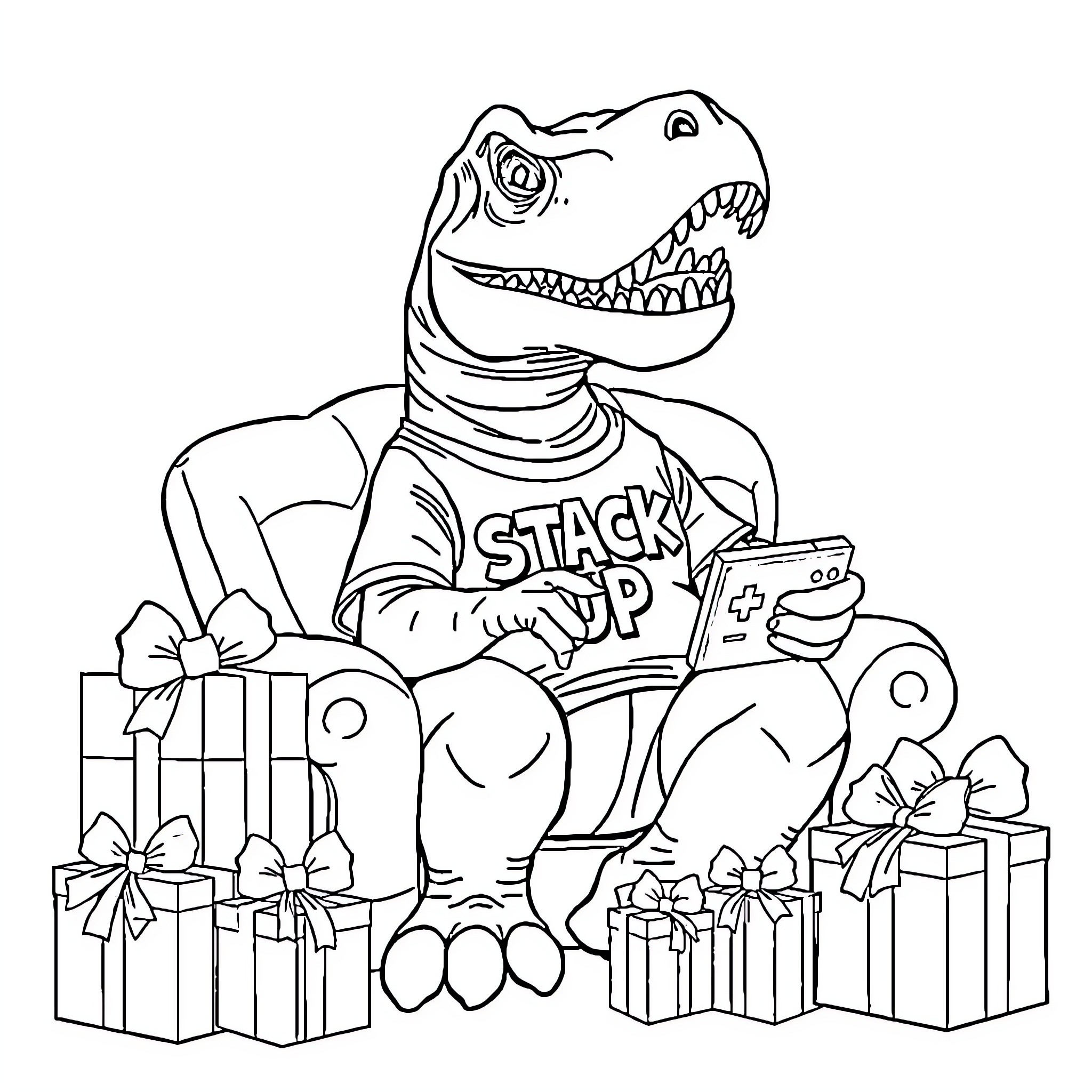 T-Rex playing video games surrounded by gifts Coloring Page (free black-and-white line drawing printable PDF for all, from beginners to advanced learners, including children, teens, adults, and seniors)