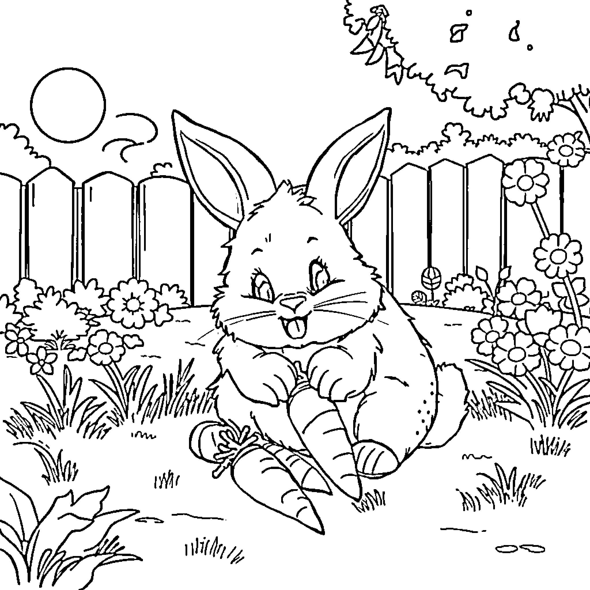 Rabbit enjoying nature in the garden Coloring Page (free black-and-white line drawing printable PDF for all, from beginners to advanced learners, including children, teens, adults, and seniors)