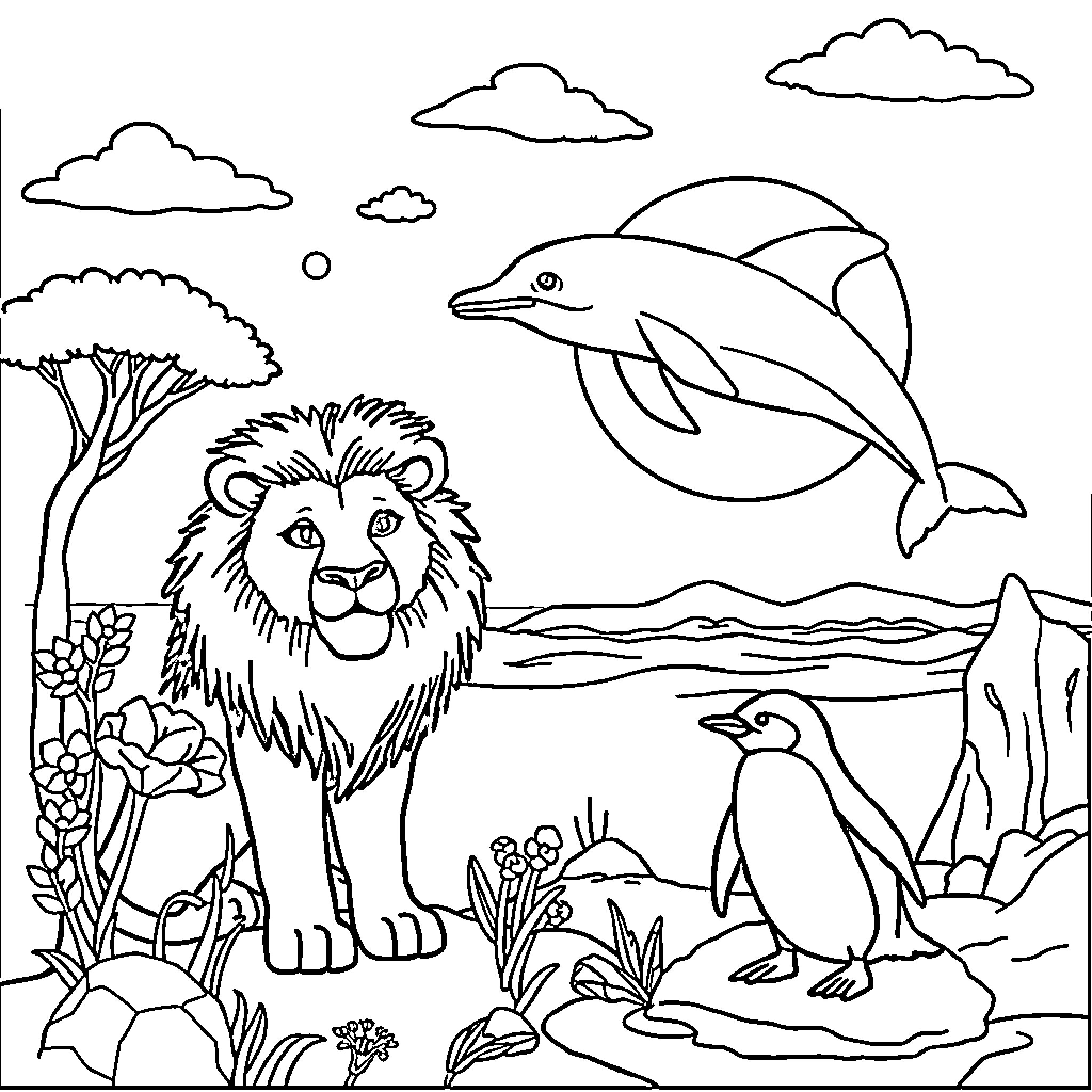 Animal friends in a scenic landscape Coloring Page (free black-and-white line drawing printable PDF for all, from beginners to advanced learners, including children, teens, adults, and seniors)