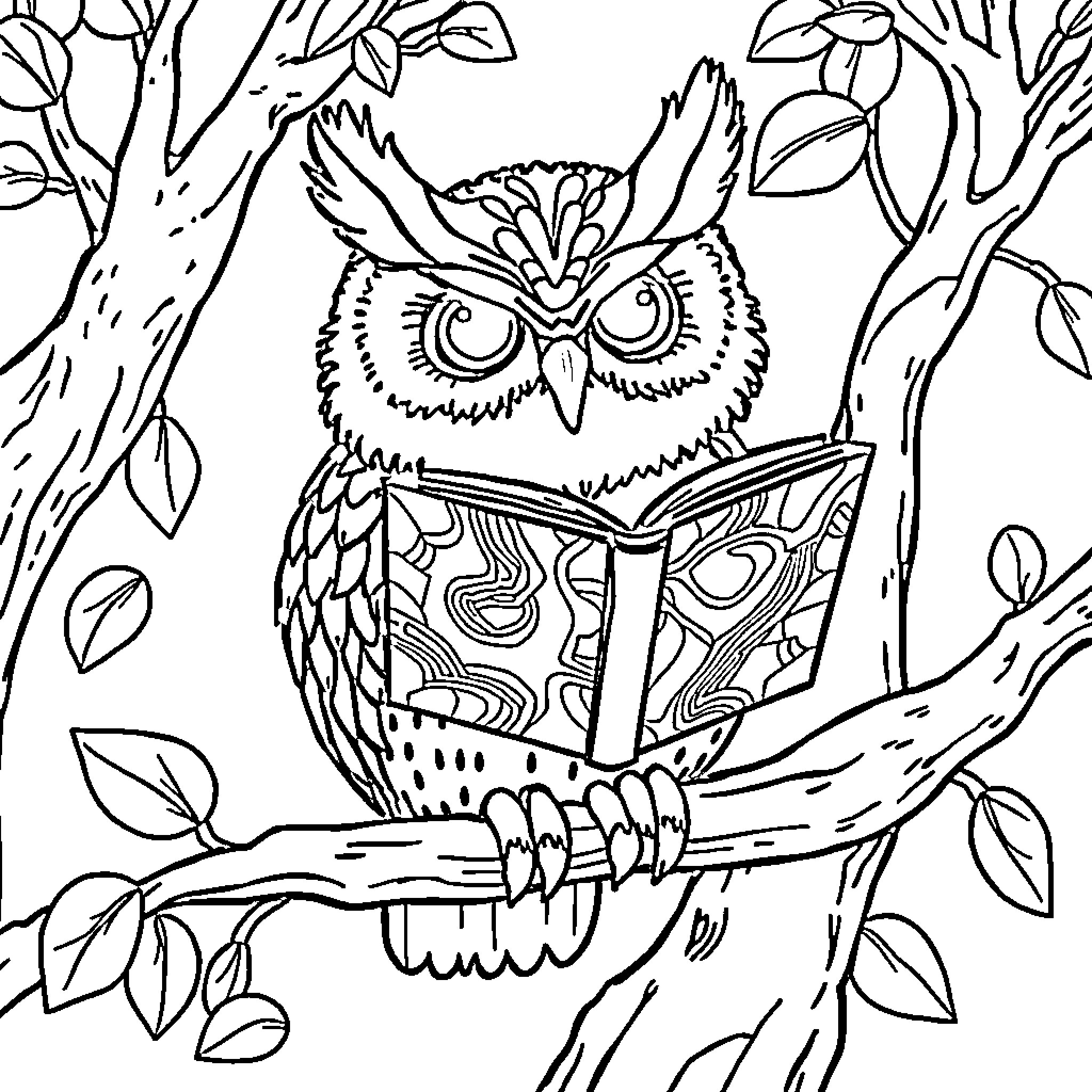 Owl reading a book in the forest Coloring Page (free black-and-white line drawing printable PDF for all, from beginners to advanced learners, including children, teens, adults, and seniors)