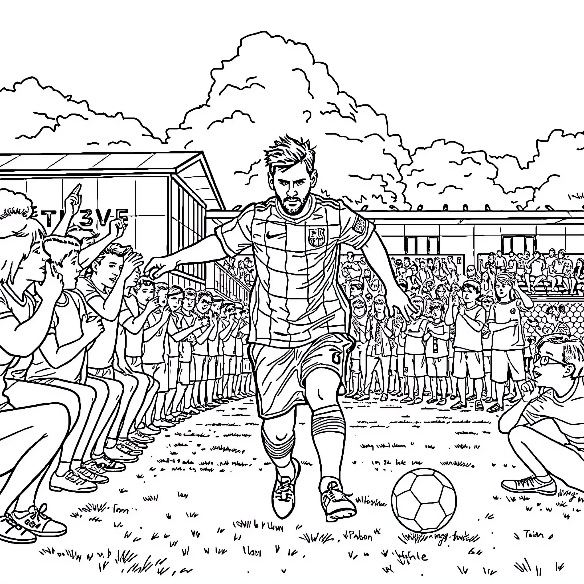 Messi Celebrated by Fans After Winning a Football Match Coloring Page (free black-and-white line drawing printable PDF for all, from beginners to advanced learners, including children, teens, adults, and seniors)
