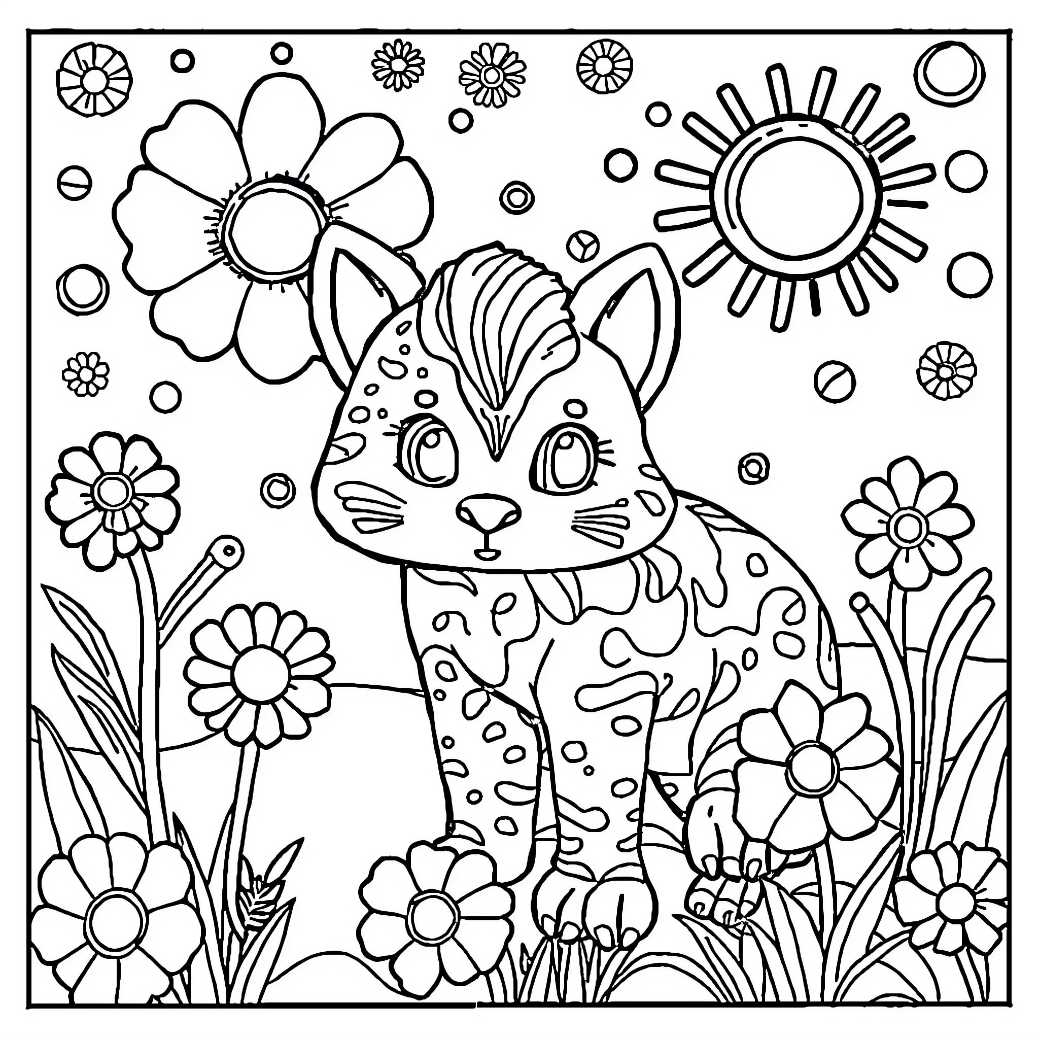 Children's Whimsical Floral and Animal Scene Coloring Page (free black-and-white line drawing printable PDF for all, from beginners to advanced learners, including children, teens, adults, and seniors)