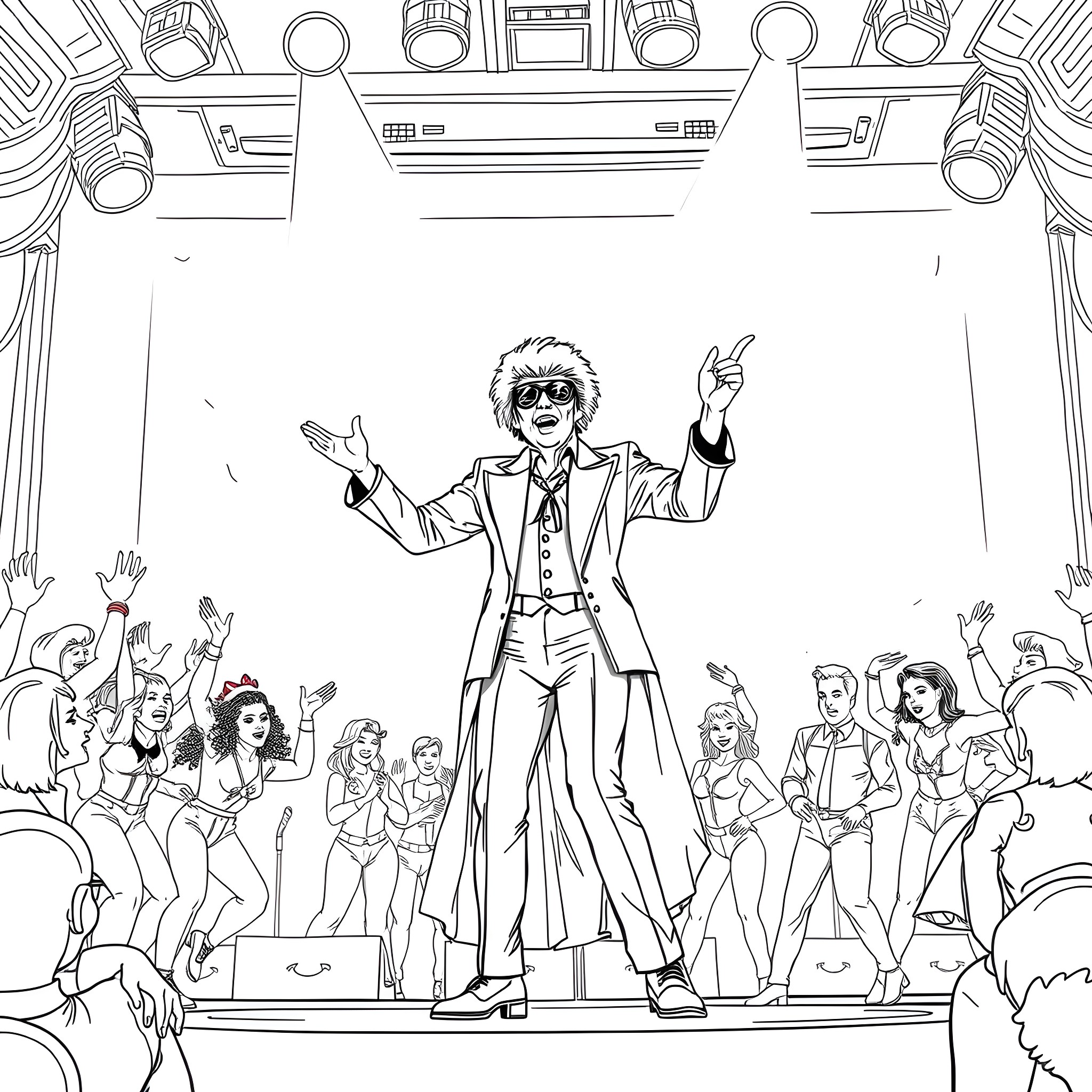 RuPaul's Electrifying Stage Performance with Enthusiastic Fans Coloring Page (free black-and-white line drawing printable PDF for all, from beginners to advanced learners, including children, teens, adults, and seniors)