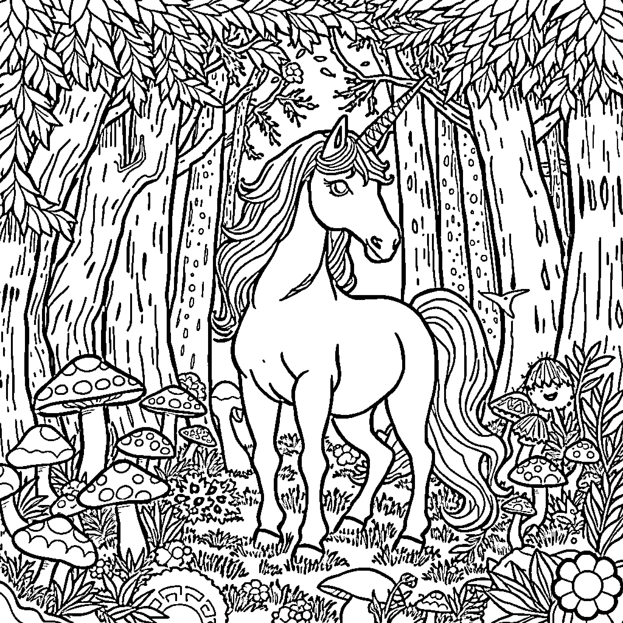 Unicorn standing gracefully in enchanted forest Coloring Page (free black-and-white line drawing printable PDF for all, from beginners to advanced learners, including children, teens, adults, and seniors)