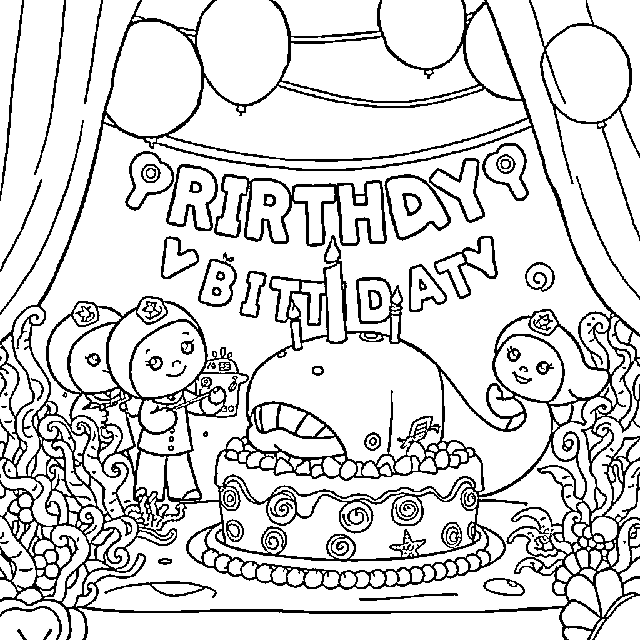 Octonauts Celebrate Birthday Party with Cake and Balloons Coloring Page (free black-and-white line drawing printable PDF for all, from beginners to advanced learners, including children, teens, adults, and seniors)