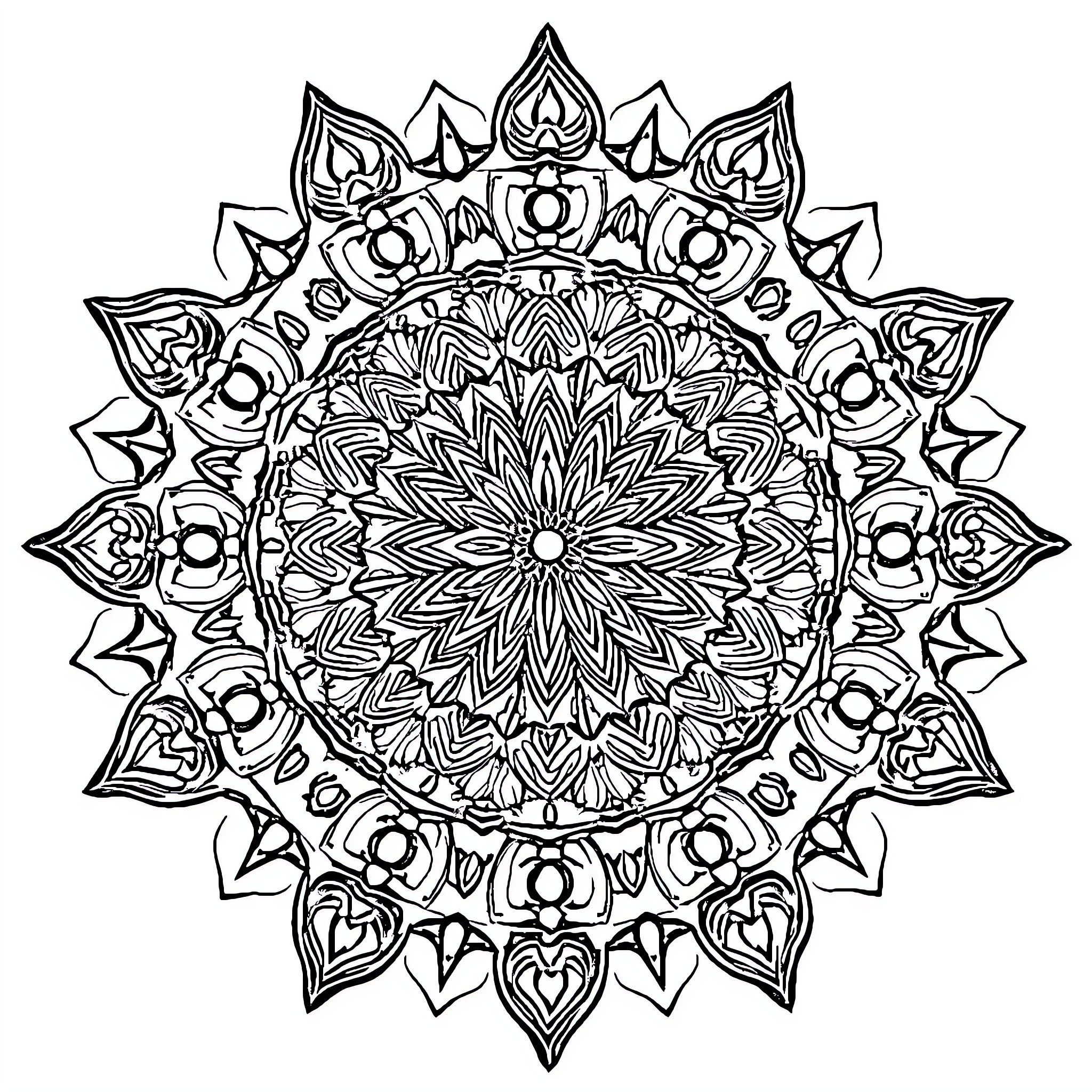 Mandala of intricate floral patterns Coloring Page (free black-and-white line drawing printable PDF for all, from beginners to advanced learners, including children, teens, adults, and seniors)