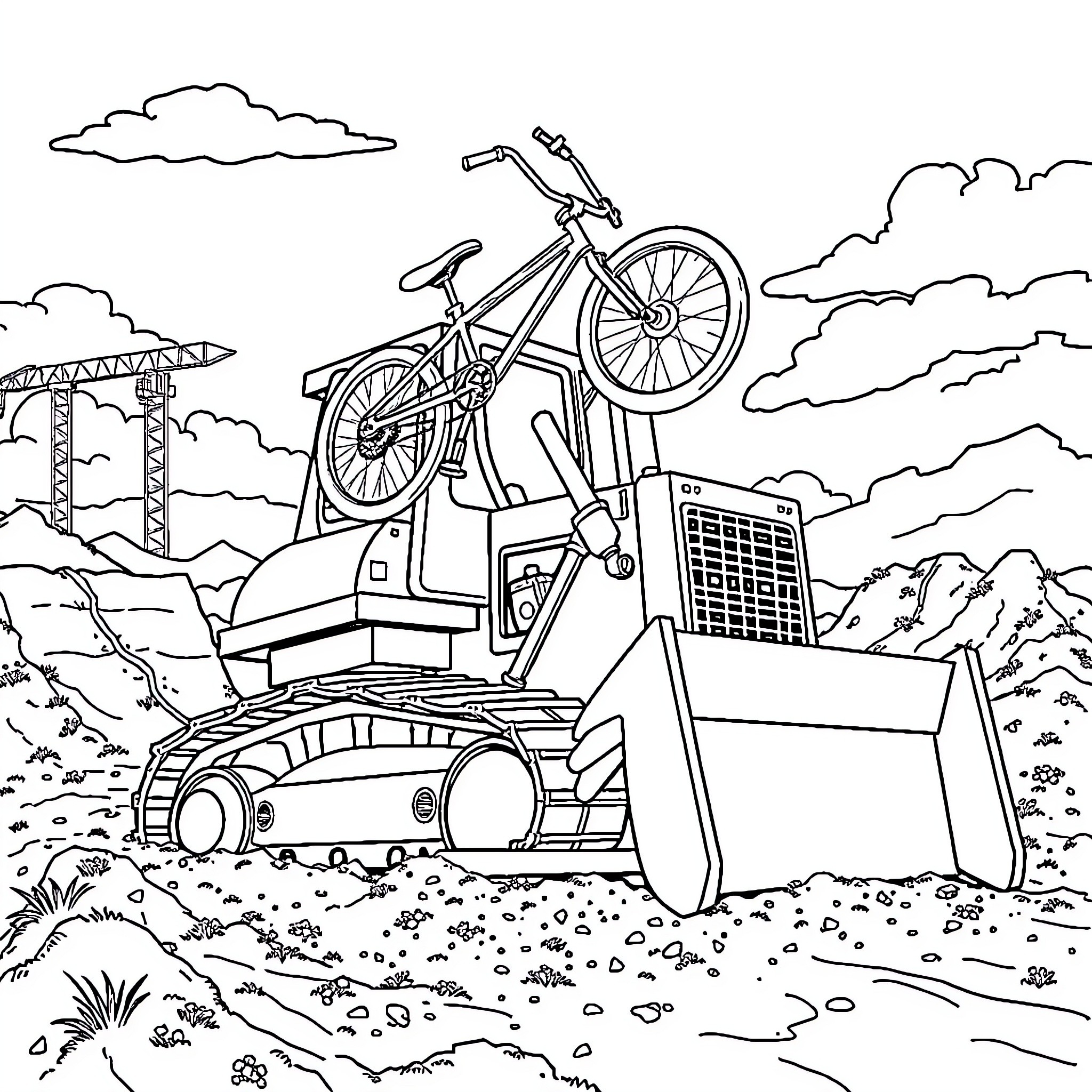Tractor transporting mountain bike on construction site Coloring Page (free black-and-white line drawing printable PDF for all, from beginners to advanced learners, including children, teens, adults, and seniors)