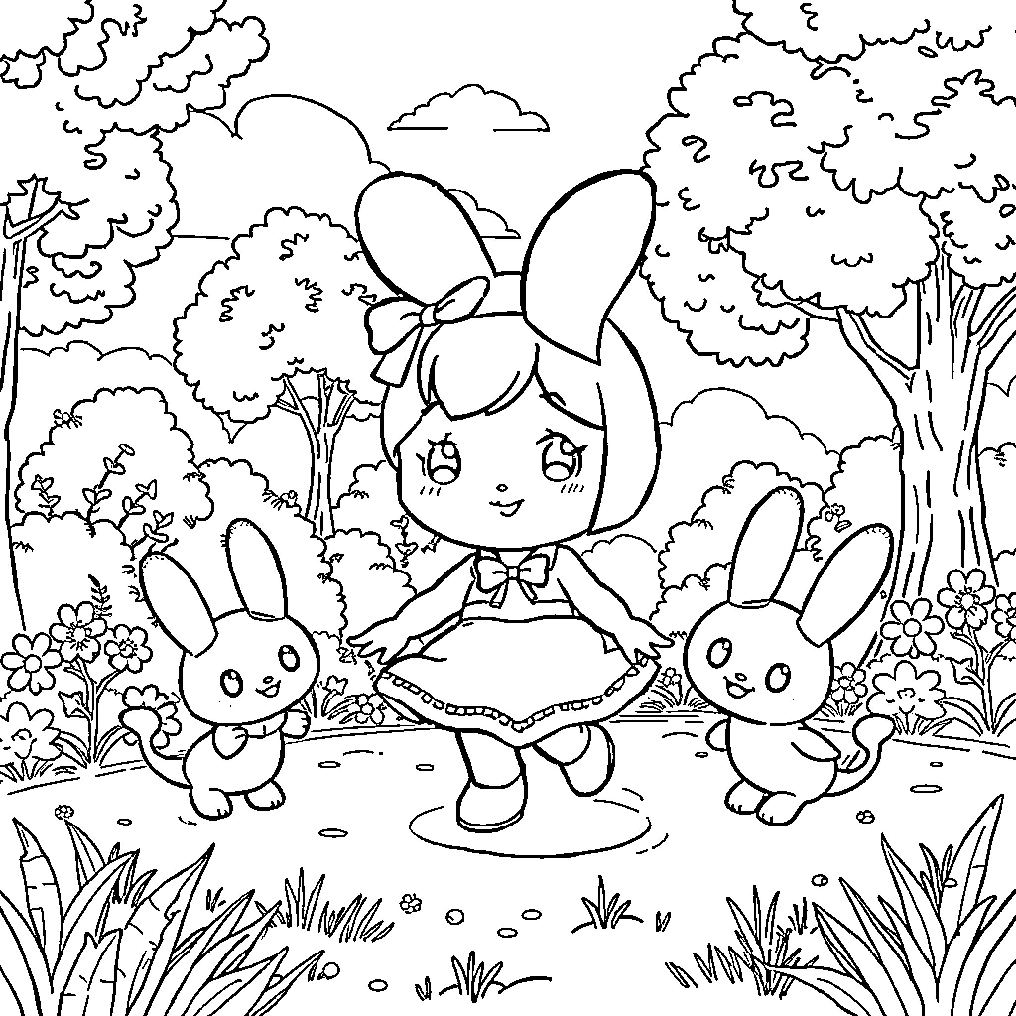 My Melody and Bunny Friends in a Lush Forest Coloring Page (free black-and-white line drawing printable PDF for all, from beginners to advanced learners, including children, teens, adults, and seniors)