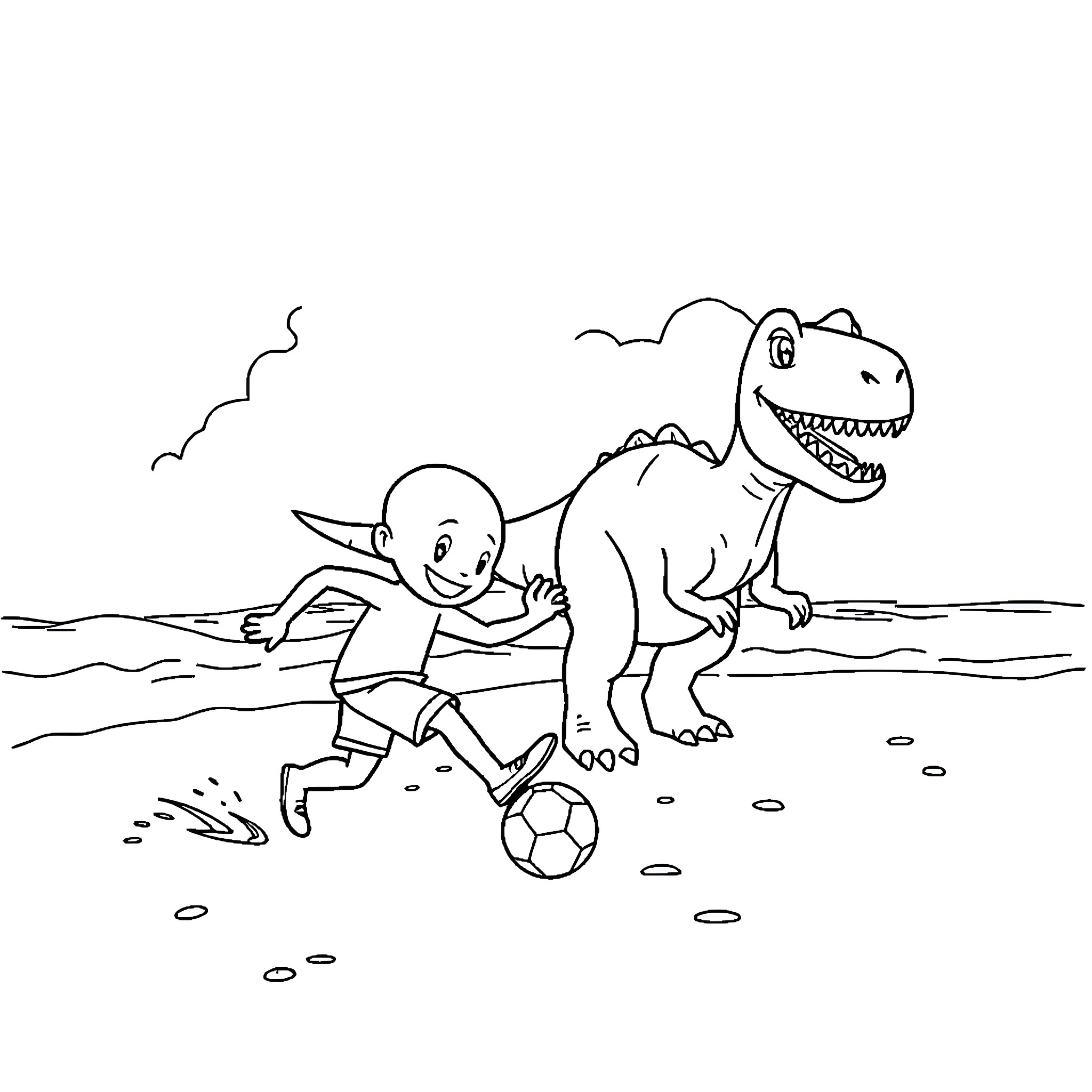 Dinosaur playing soccer with young boy Coloring Page (free black-and-white line drawing printable PDF for all, from beginners to advanced learners, including children, teens, adults, and seniors)
