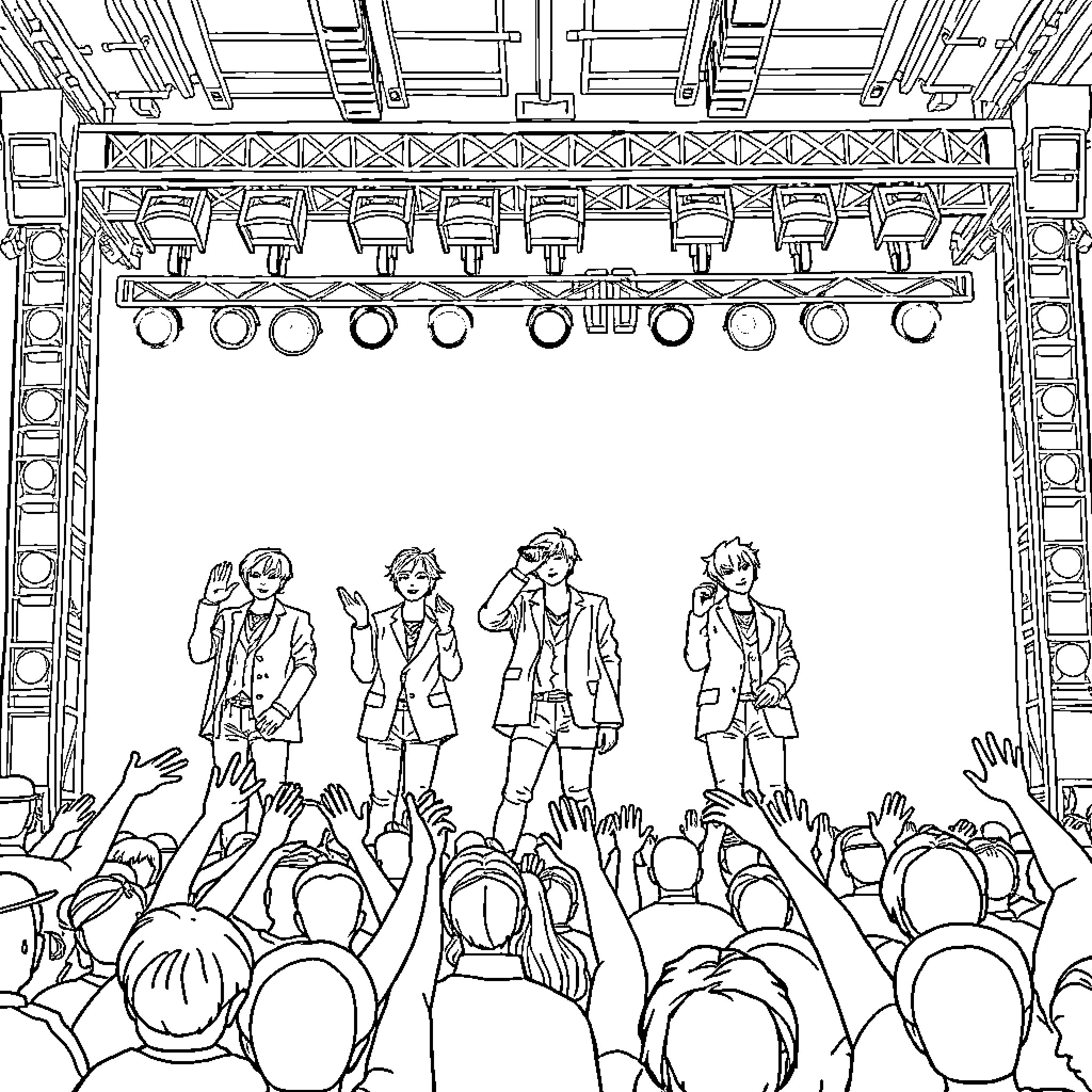EXO Performing on Stage with Enthusiastic Crowd Coloring Page (free black-and-white line drawing printable PDF for all, from beginners to advanced learners, including children, teens, adults, and seniors)