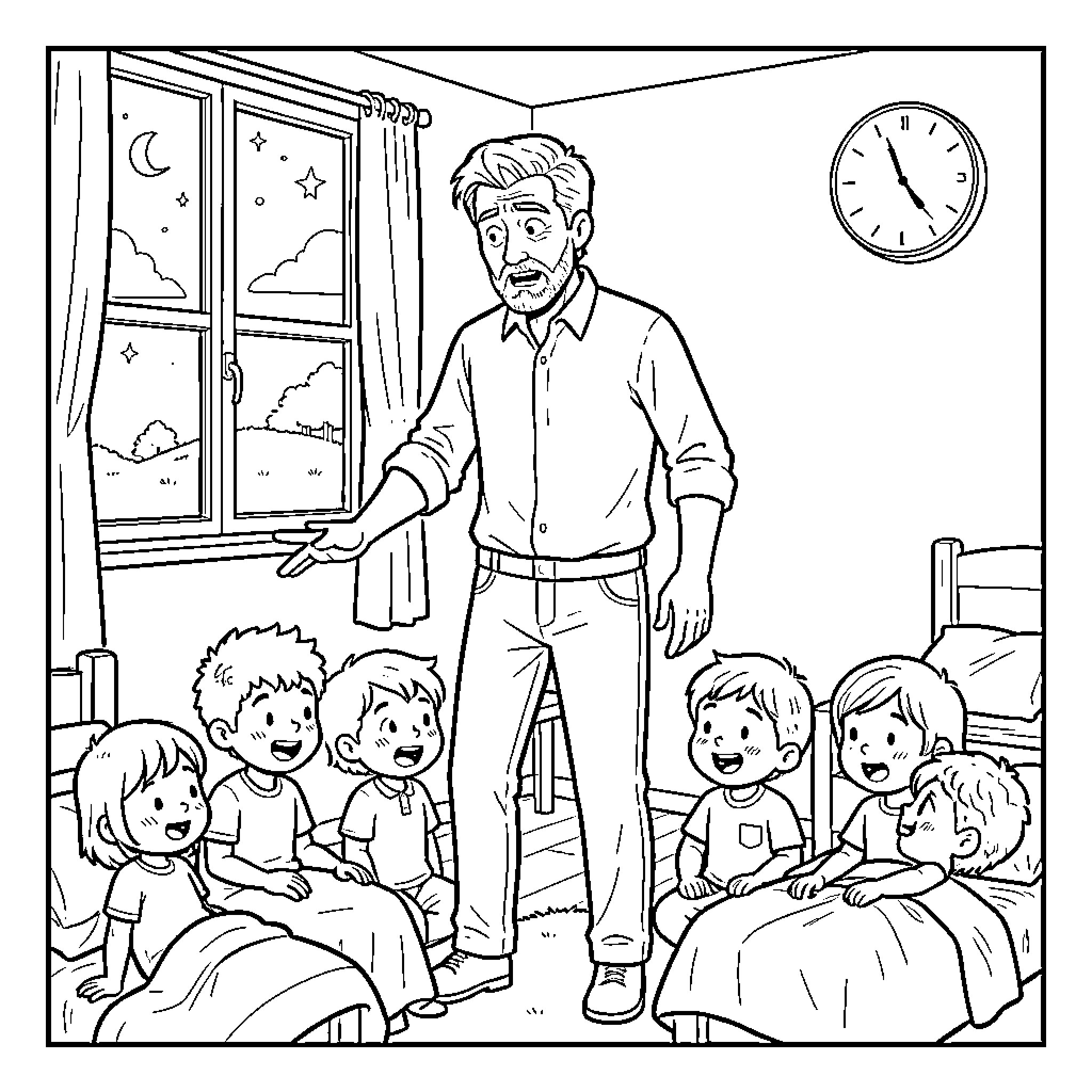 Bonhomme telling stories to children in their beds Coloring Page (free black-and-white line drawing printable PDF for all, from beginners to advanced learners, including children, teens, adults, and seniors)