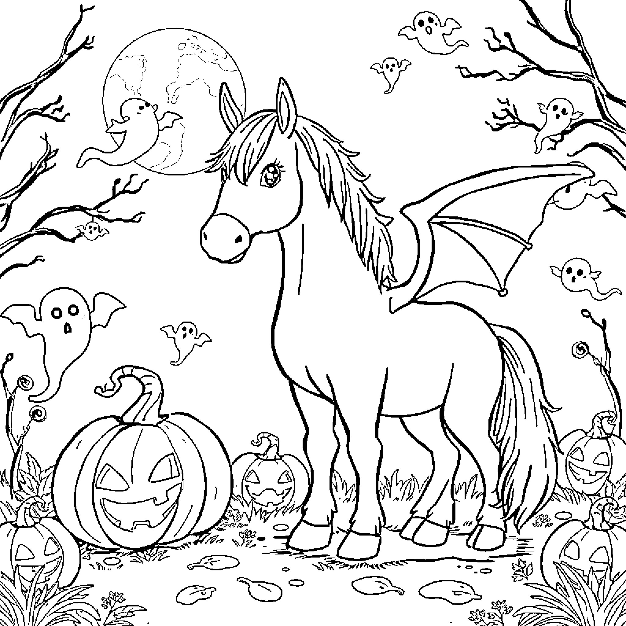 Horse in a spooky Halloween scene Coloring Page (free black-and-white line drawing printable PDF for all, from beginners to advanced learners, including children, teens, adults, and seniors)