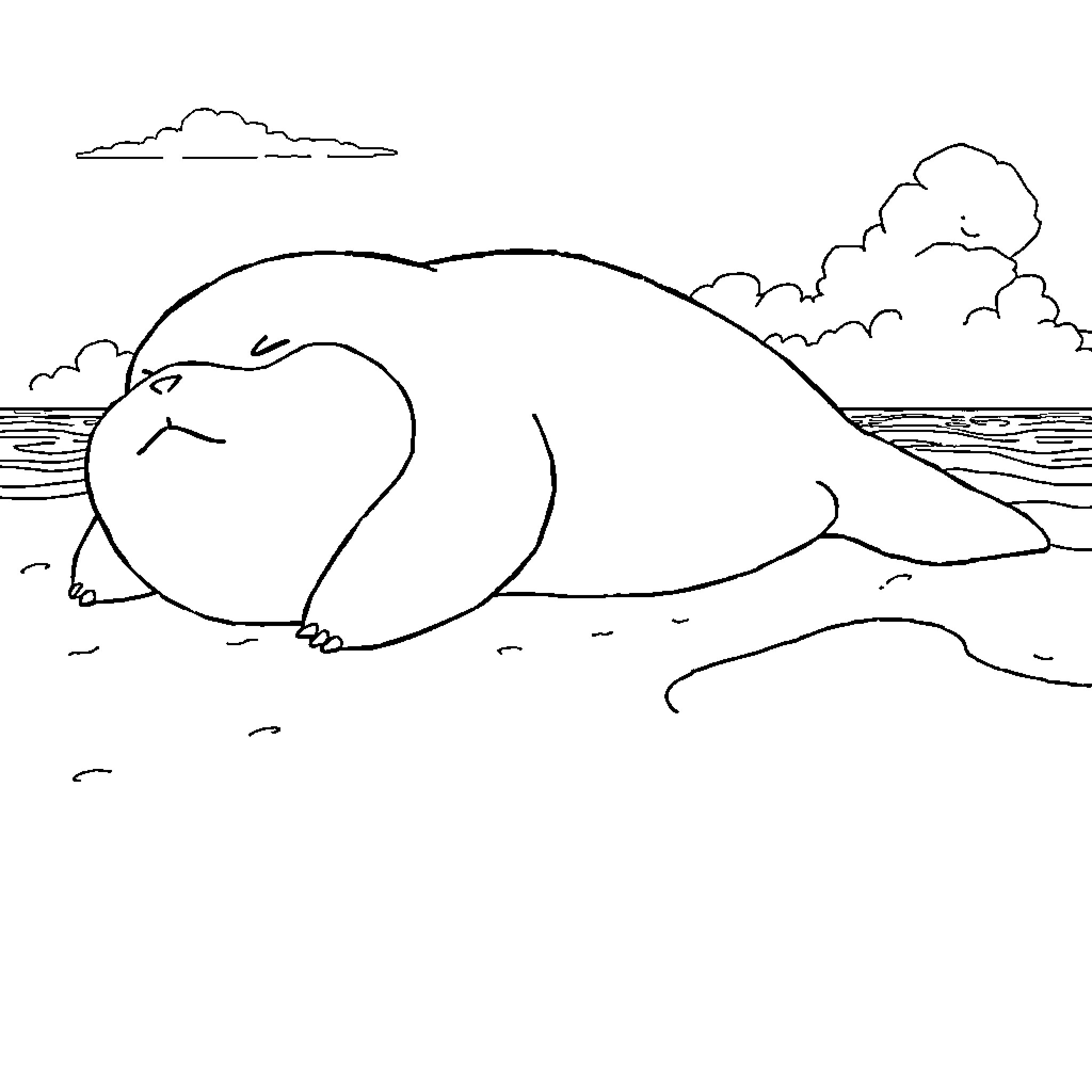 Snorlax resting by the lake Coloring Page (free black-and-white line drawing printable PDF for all, from beginners to advanced learners, including children, teens, adults, and seniors)