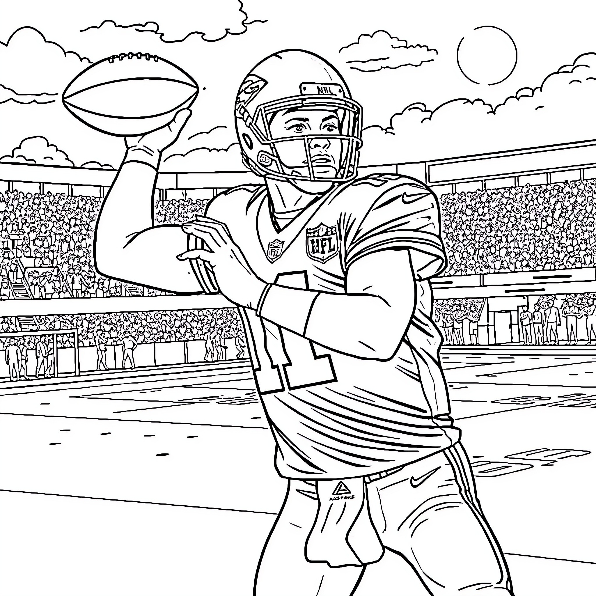 Patrick Mahomes preparing to throw a pass on the football field Coloring Page (free black-and-white line drawing printable PDF for all, from beginners to advanced learners, including children, teens, adults, and seniors)