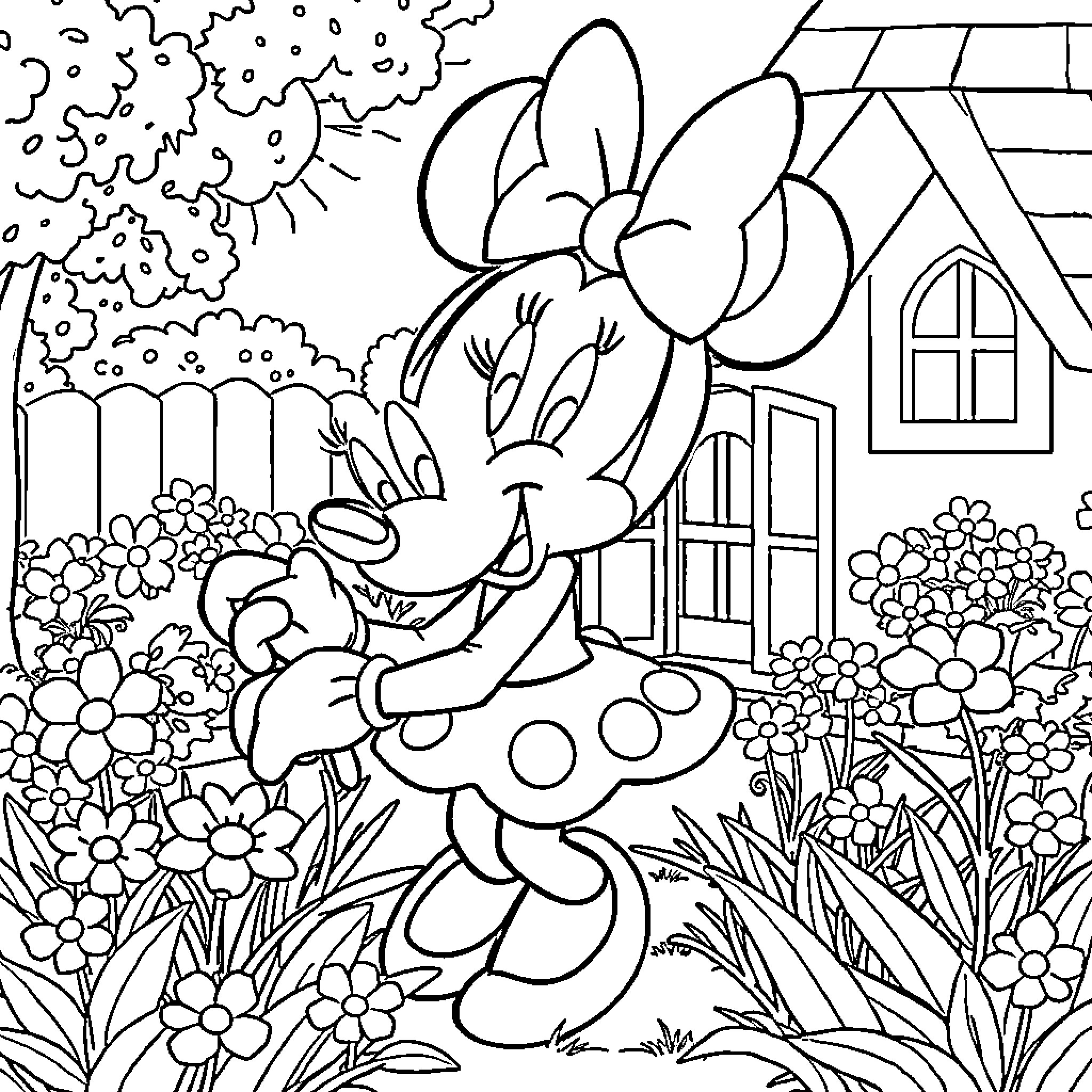 Minnie Mouse enjoying a day in the garden Coloring Page (free black-and-white line drawing printable PDF for all, from beginners to advanced learners, including children, teens, adults, and seniors)