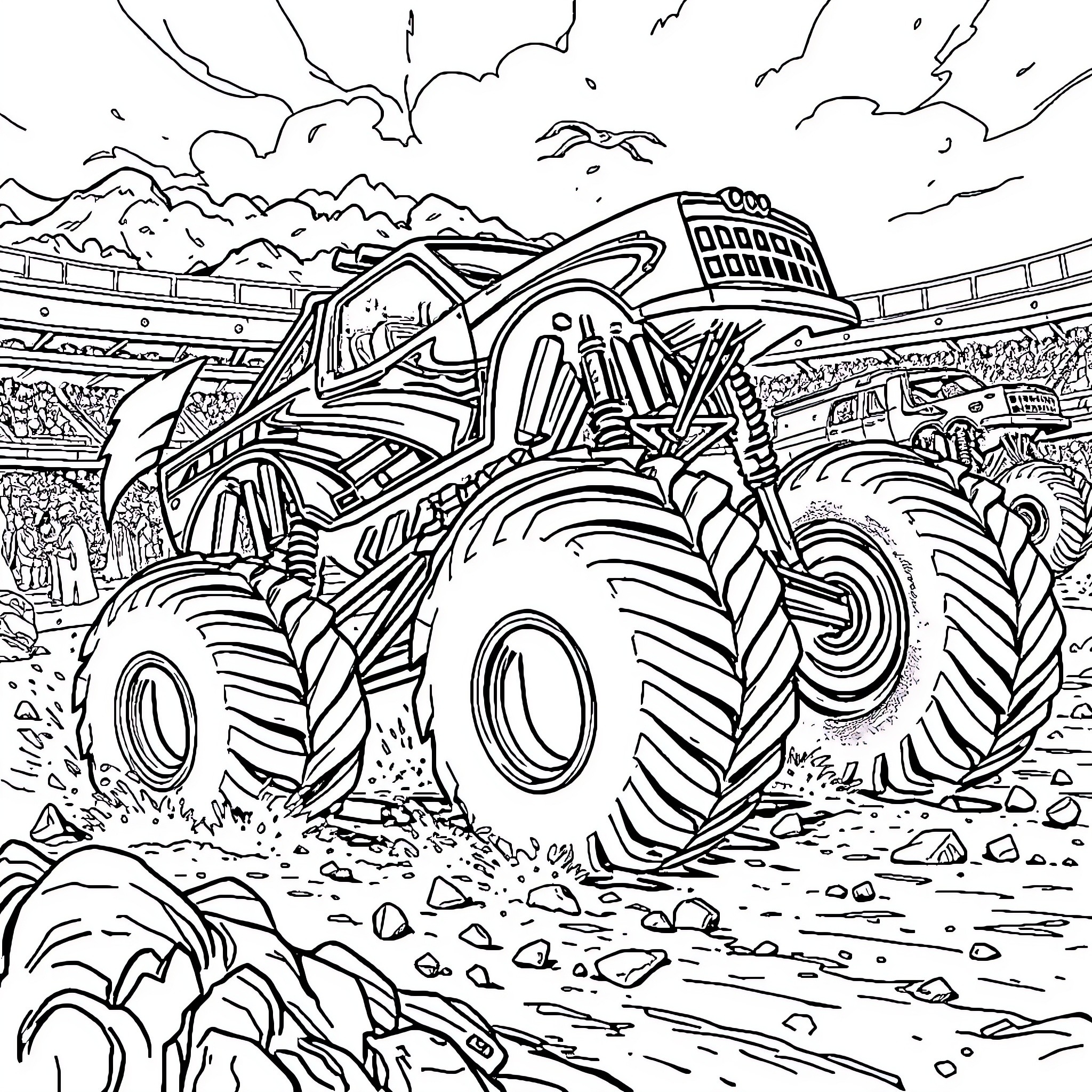 Monster Truck Crushing Obstacles in the Arena Coloring Page (free black-and-white line drawing printable PDF for all, from beginners to advanced learners, including children, teens, adults, and seniors)