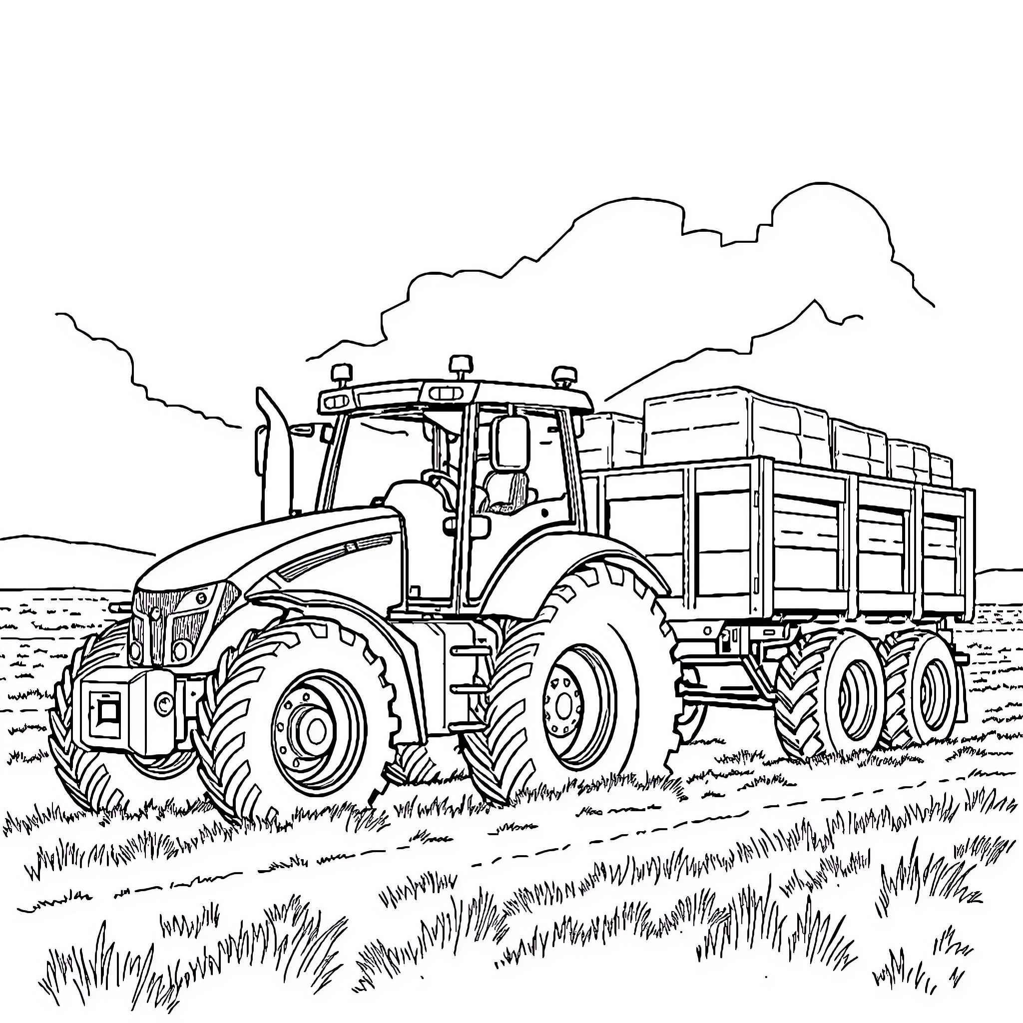 Tractor hauling heavy equipment through the countryside Coloring Page (free black-and-white line drawing printable PDF for all, from beginners to advanced learners, including children, teens, adults, and seniors)