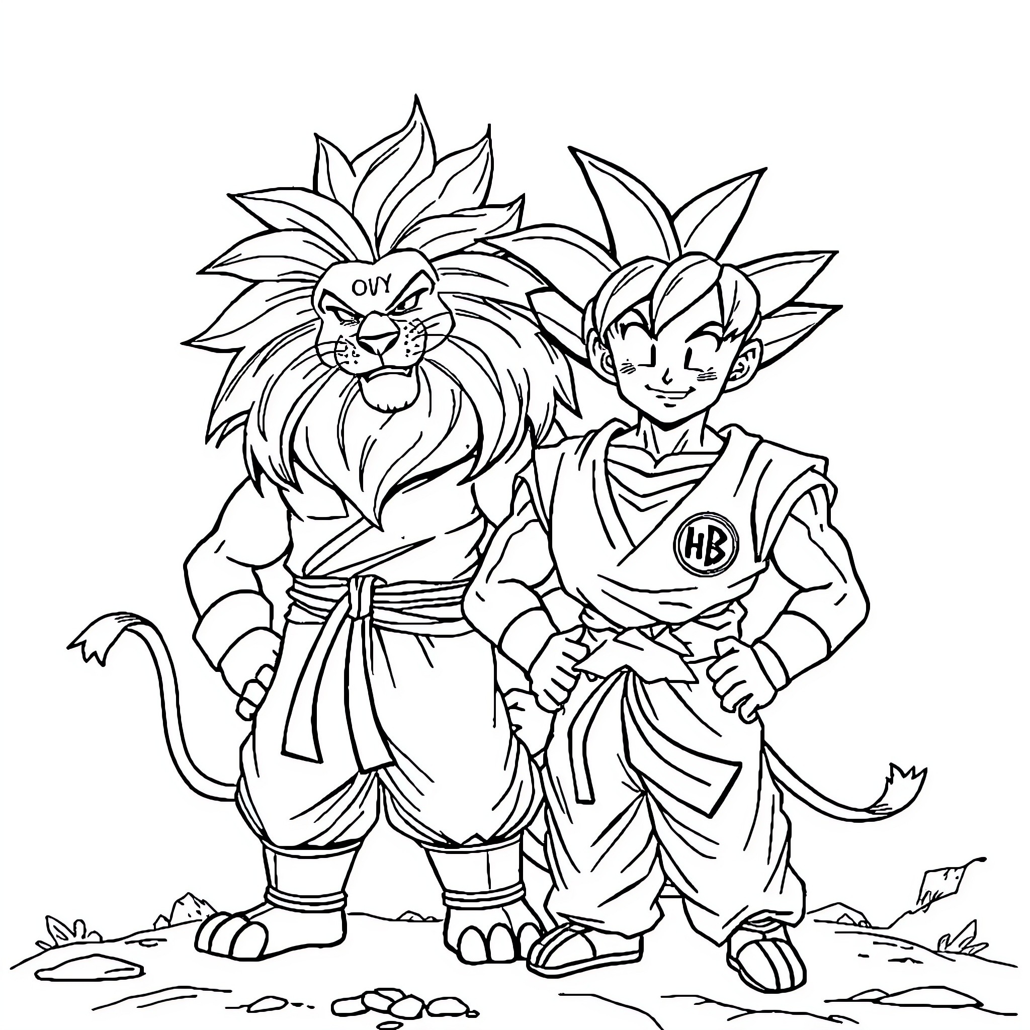 Lion and hero character in action poses Coloring Page (free black-and-white line drawing printable PDF for all, from beginners to advanced learners, including children, teens, adults, and seniors)