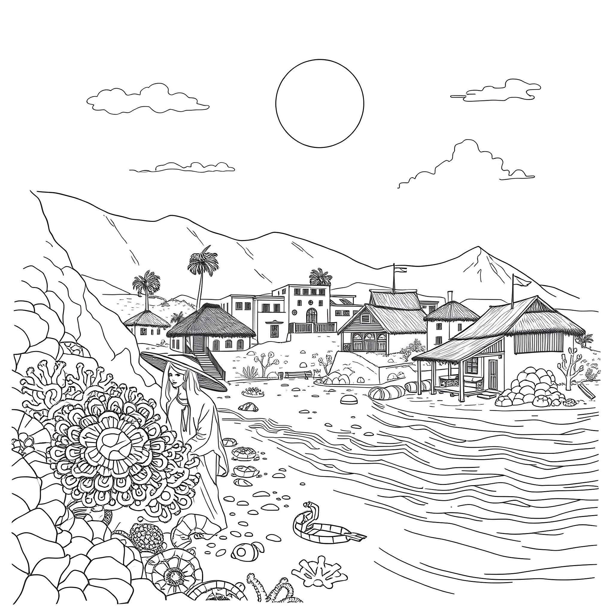 Dahab People in a Coastal Village Coloring Page (free black-and-white line drawing printable PDF for all, from beginners to advanced learners, including children, teens, adults, and seniors)
