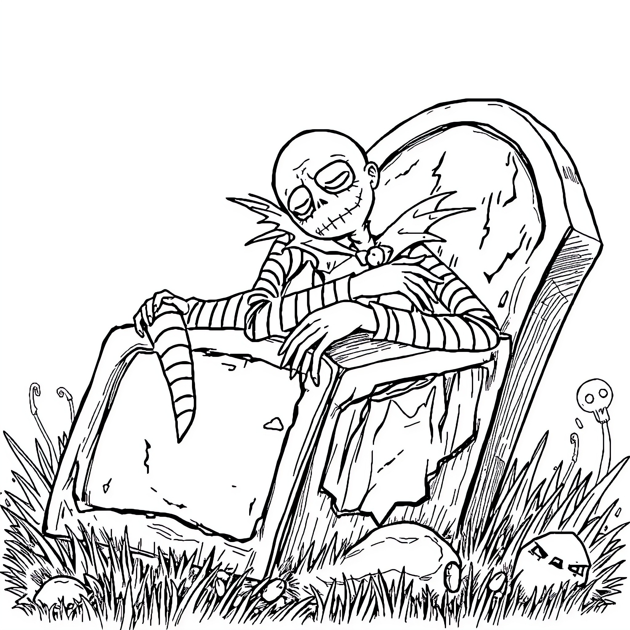 Beetlejuice's Spooky Graveyard Antics Coloring Page (free black-and-white line drawing printable PDF for all, from beginners to advanced learners, including children, teens, adults, and seniors)