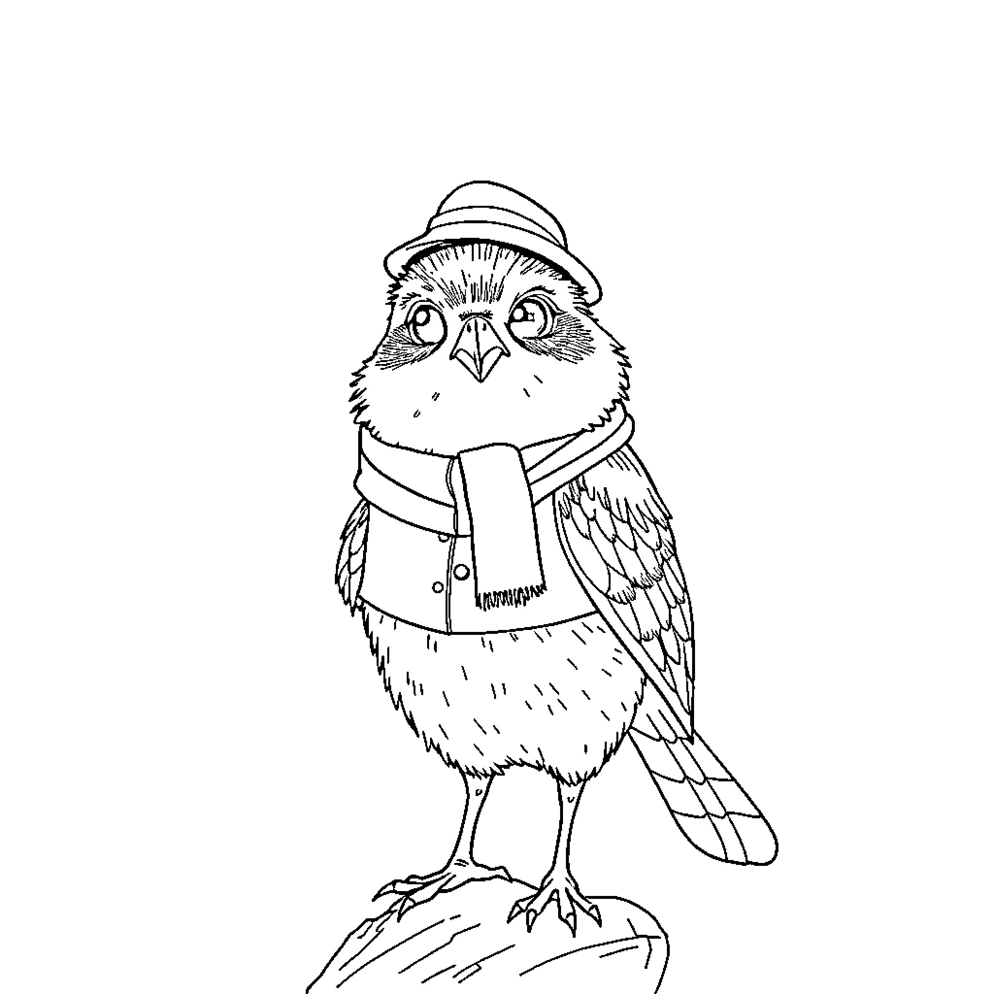 Squirrel in a hat and scarf Coloring Page (free black-and-white line drawing printable PDF for all, from beginners to advanced learners, including children, teens, adults, and seniors)