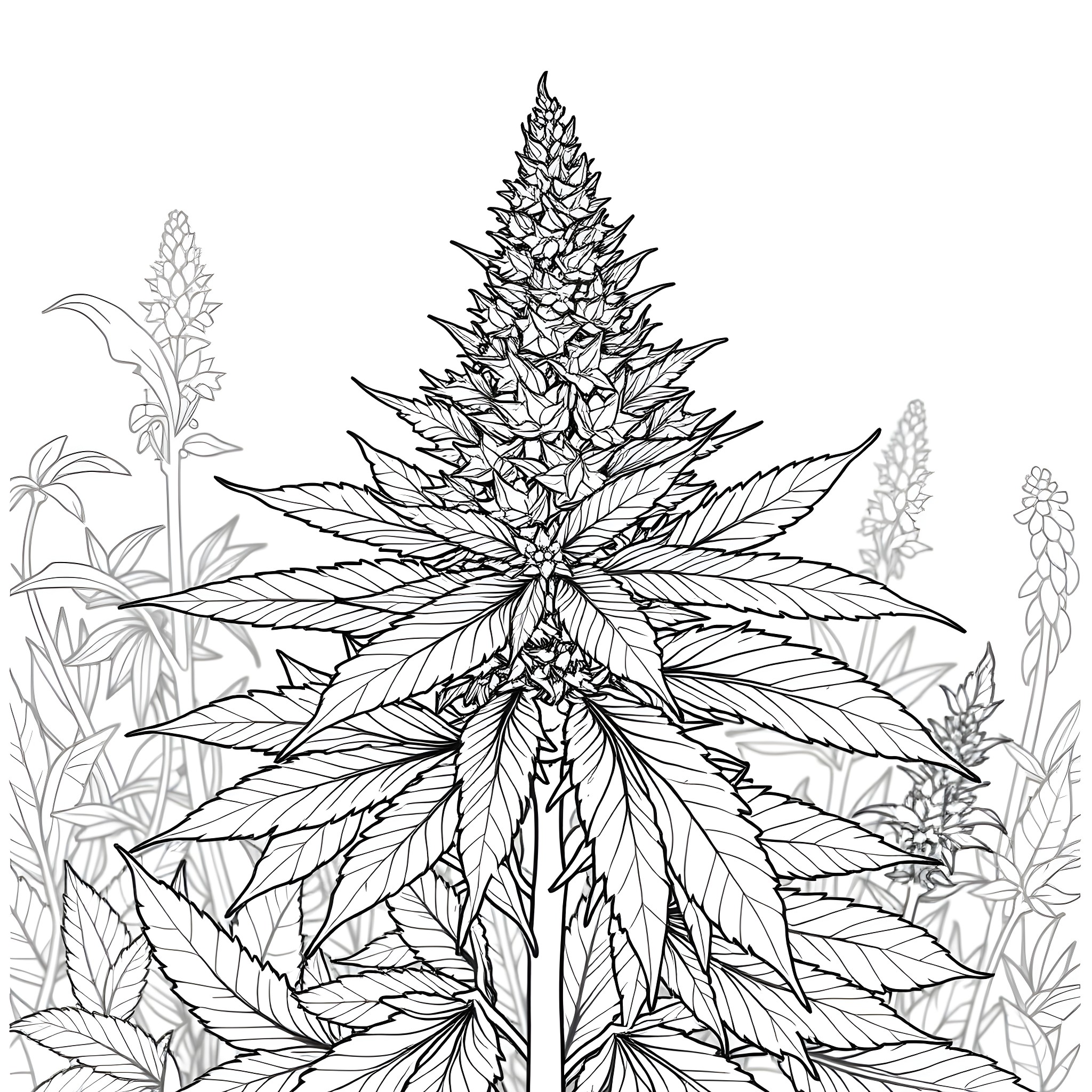 Cannabis plant with intricate leaf patterns Coloring Page (free black-and-white line drawing printable PDF for all, from beginners to advanced learners, including children, teens, adults, and seniors)
